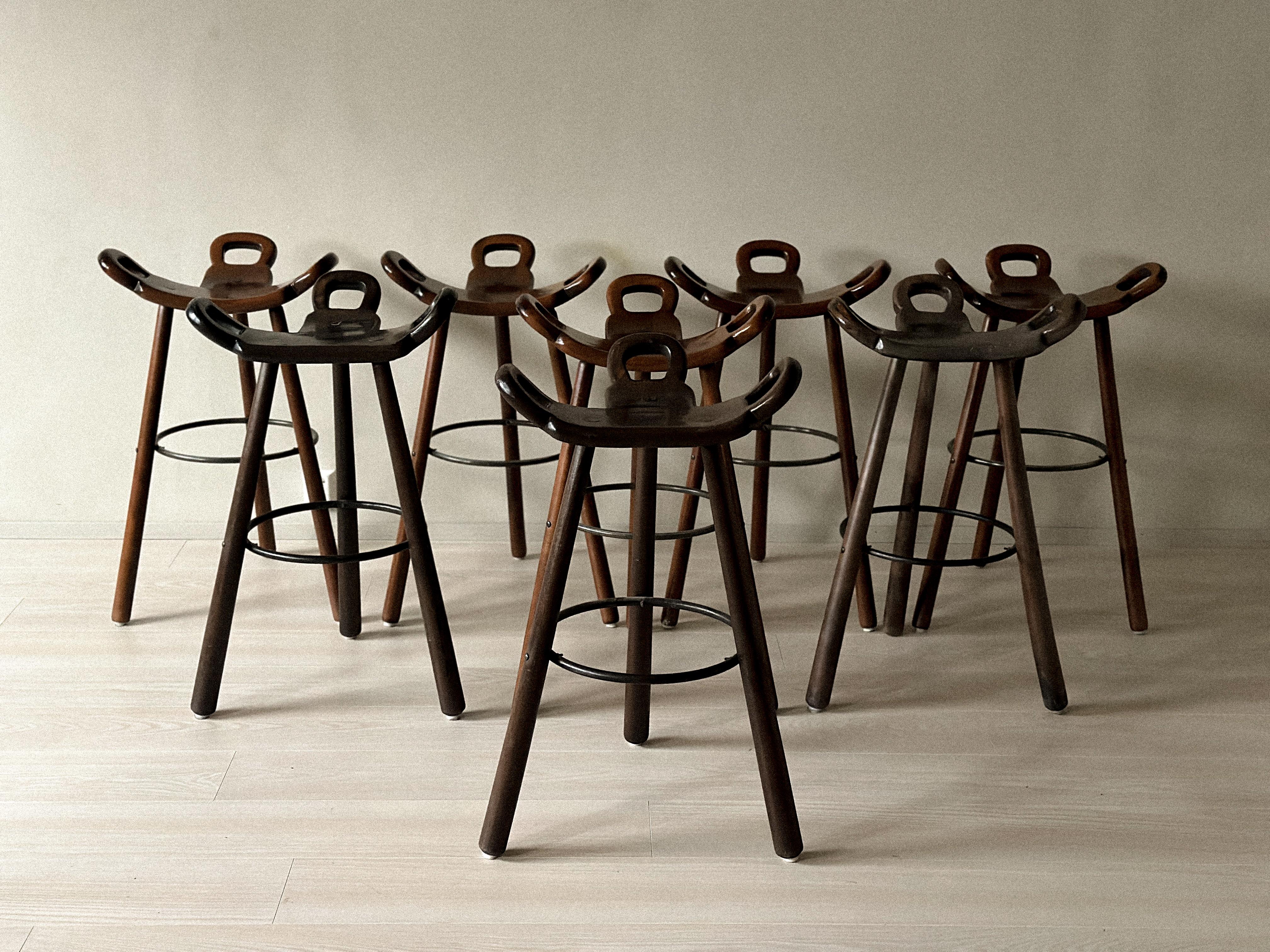 Metal Set of 8 Brutalist Bar Stools, Europe, circa 1970s For Sale