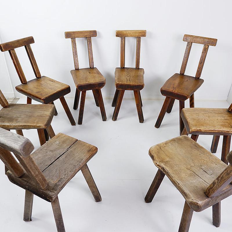 Set of 8 wooden chairs in a brutalist style made by Mobichalet, Belgium. Mobichalet is a production house known specifically for its brutalist designs. 