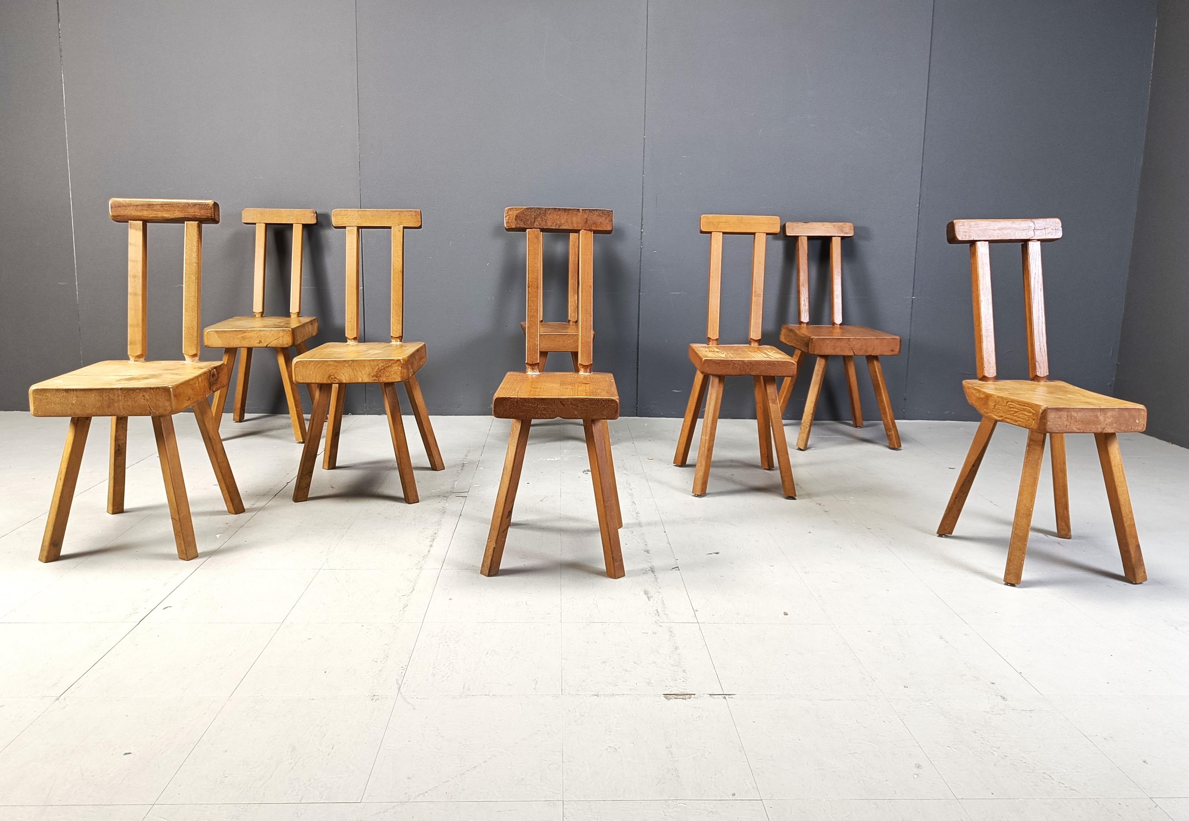 Oak Set of 8 Brutalist dining chairs by mobichalet, 1960s