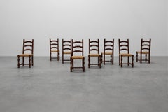 Set di 8 sedie brutaliste di metà secolo in legno e vimini, Belgio, 1970 ca.