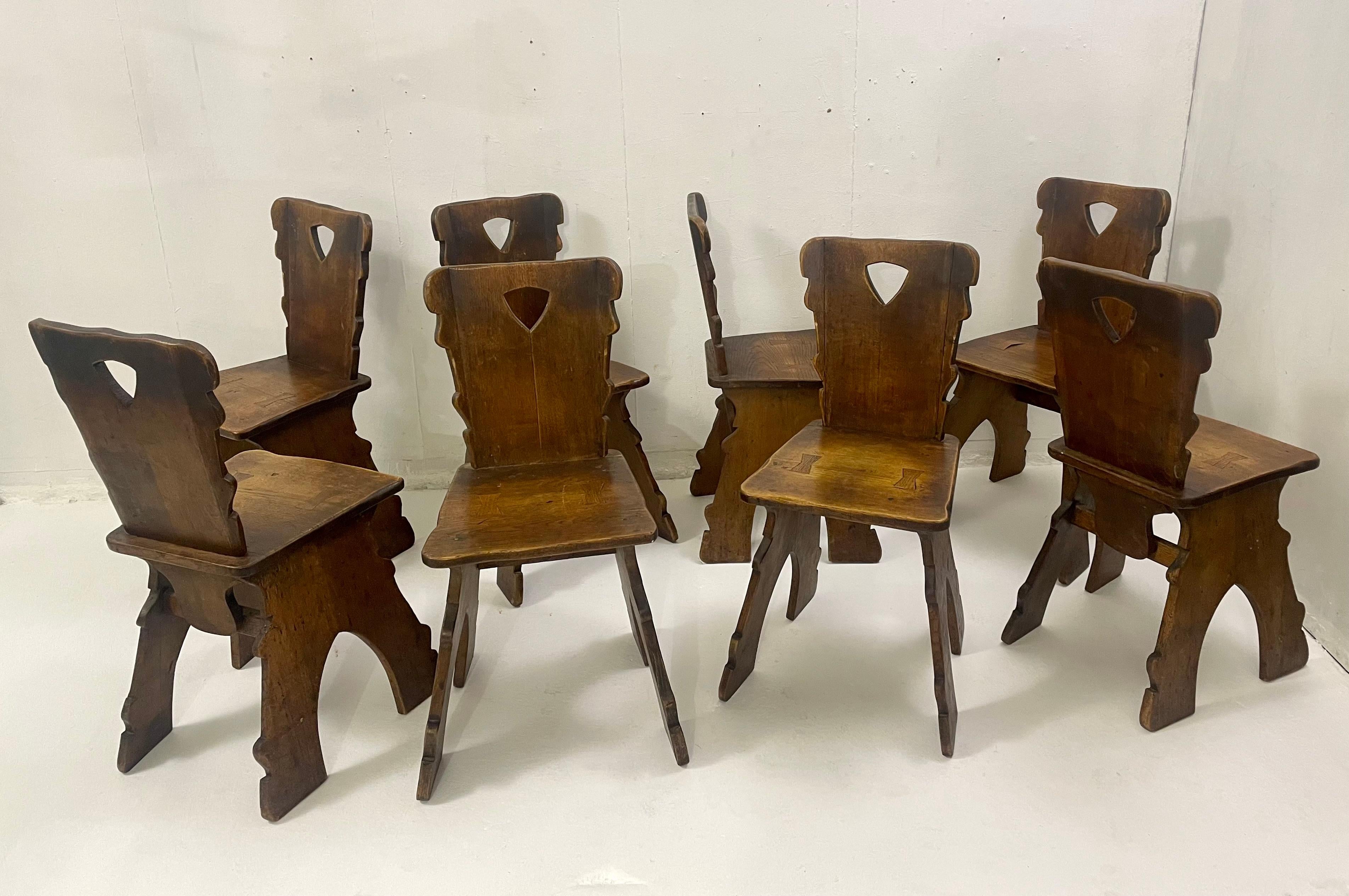 Belgian Set of 8 Brutalist Oak Chairs, 1940s For Sale