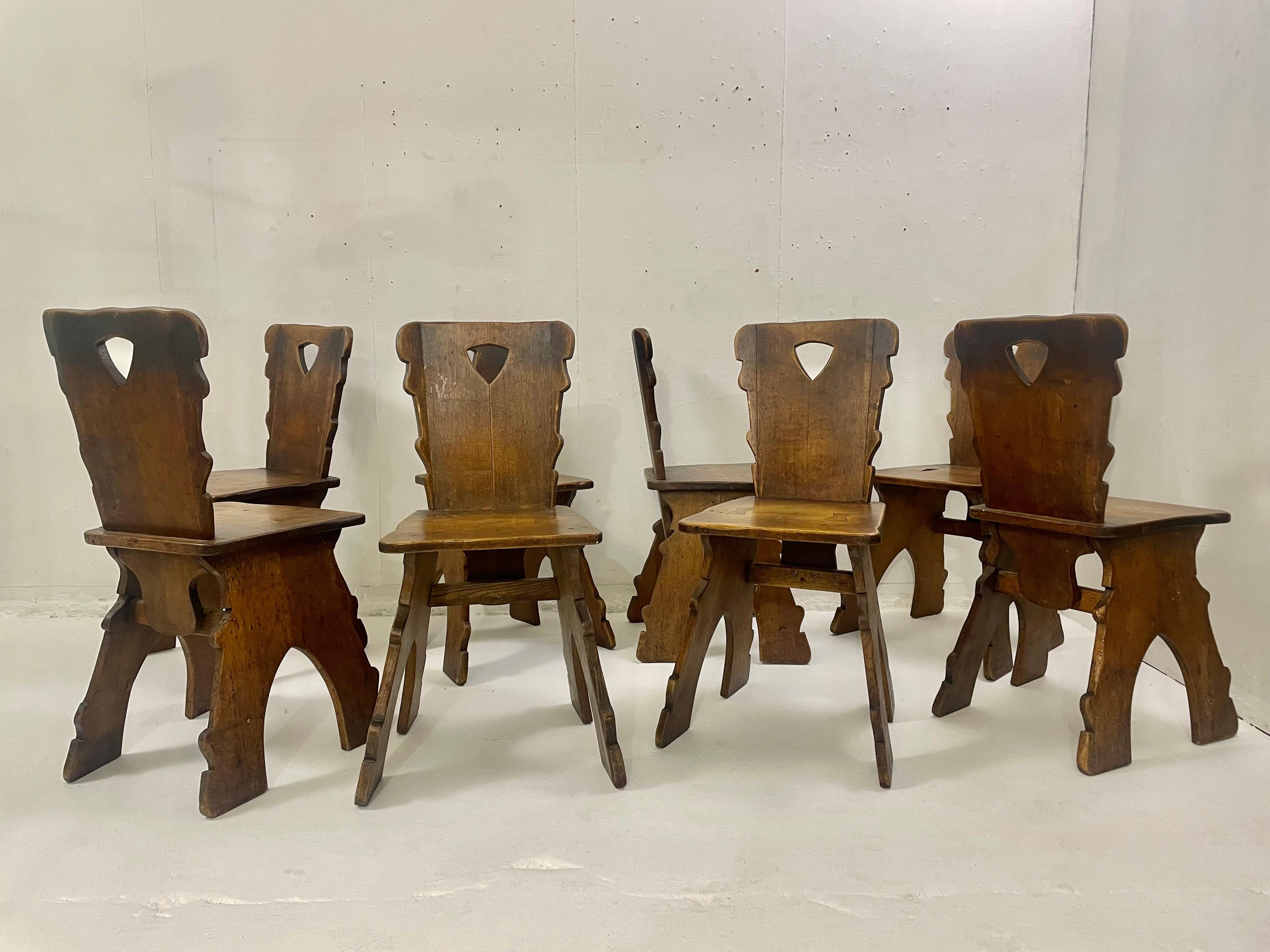 Set of 8 Brutalist Oak Chairs, 1940s In Good Condition For Sale In Brussels, BE
