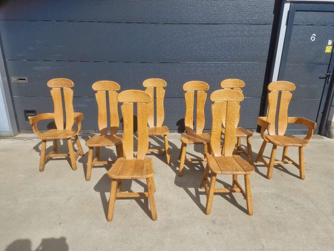 Ensemble de 8 chaises brutalistes en chêne de De Puydt, Belgique, années 1970 en vente 5