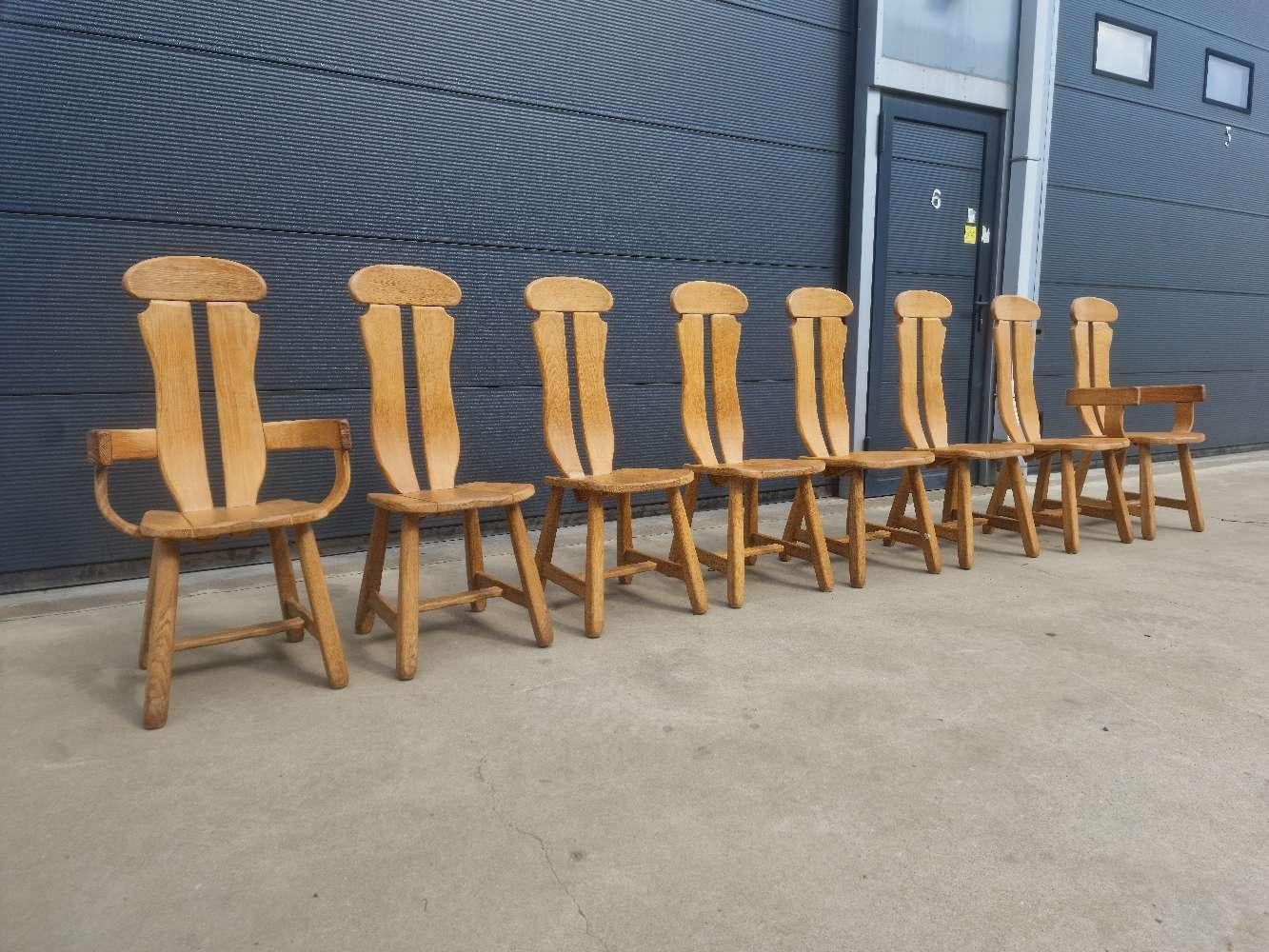 Set of 8 Brutalist Oak Chairs from De Puydt, Belgium 1970s For Sale 8