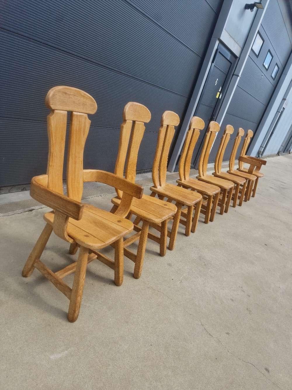 Européen Ensemble de 8 chaises brutalistes en chêne de De Puydt, Belgique, années 1970 en vente