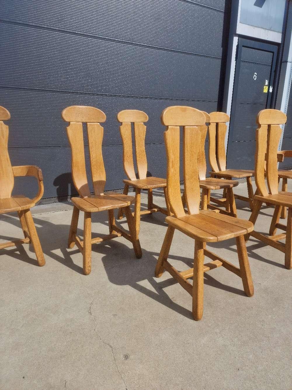 Late 20th Century Set of 8 Brutalist Oak Chairs from De Puydt, Belgium 1970s