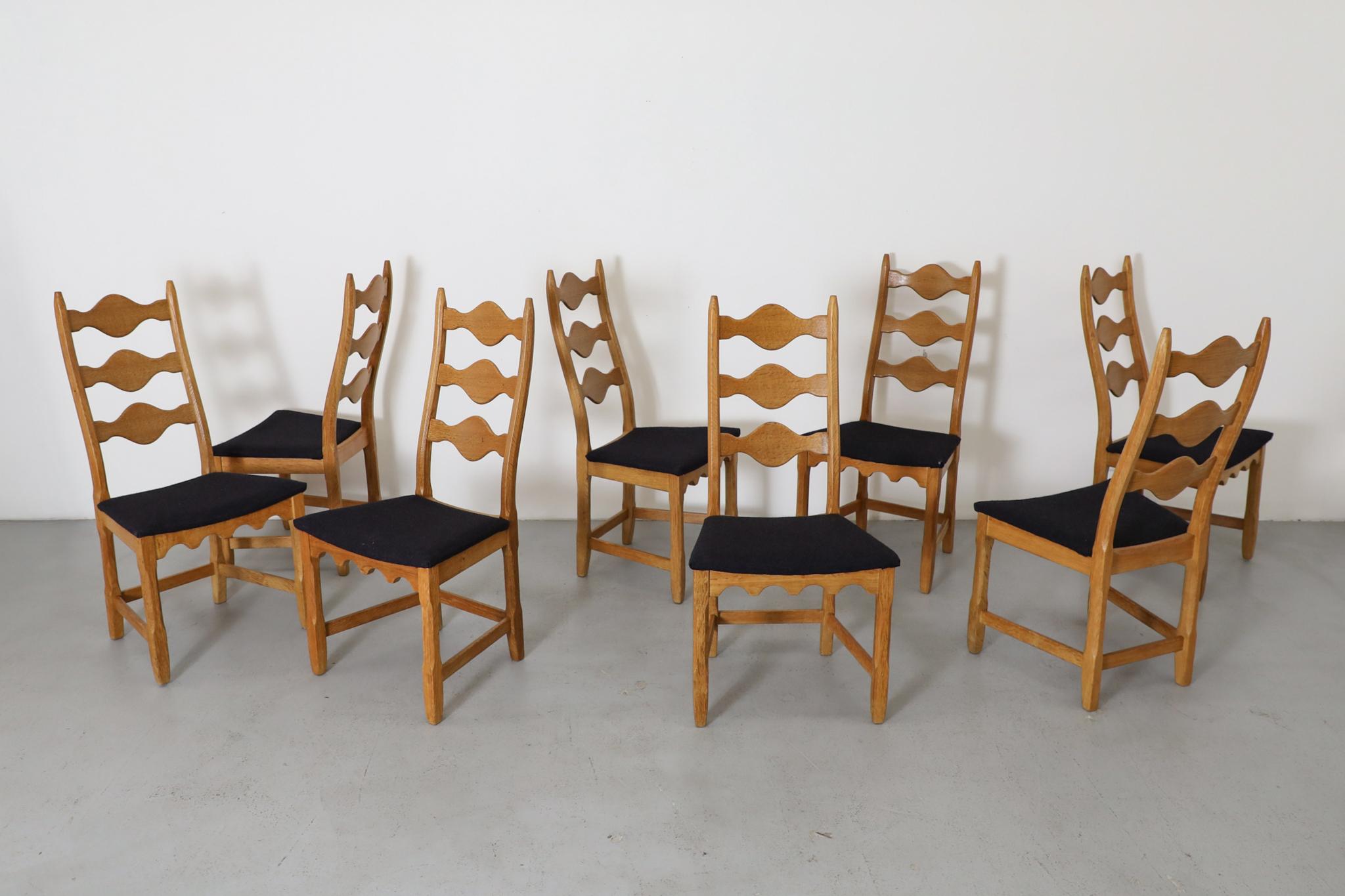 Mid-Century Modern Set of 8 Brutalist Oak Decorative Back Dining Chairs by Henning Kjaernulf For Sale