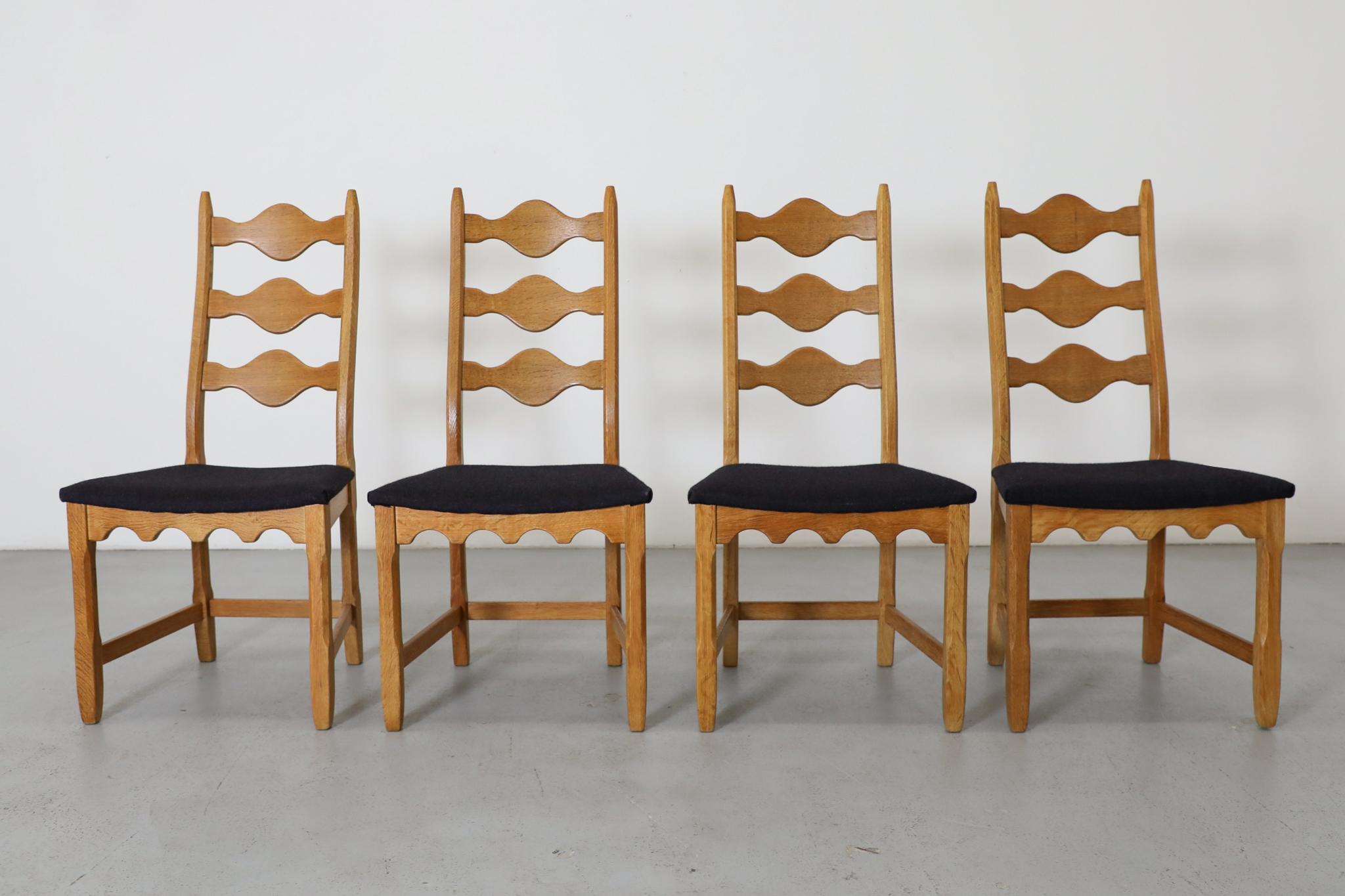 Danish Set of 8 Brutalist Oak Decorative Back Dining Chairs by Henning Kjaernulf For Sale