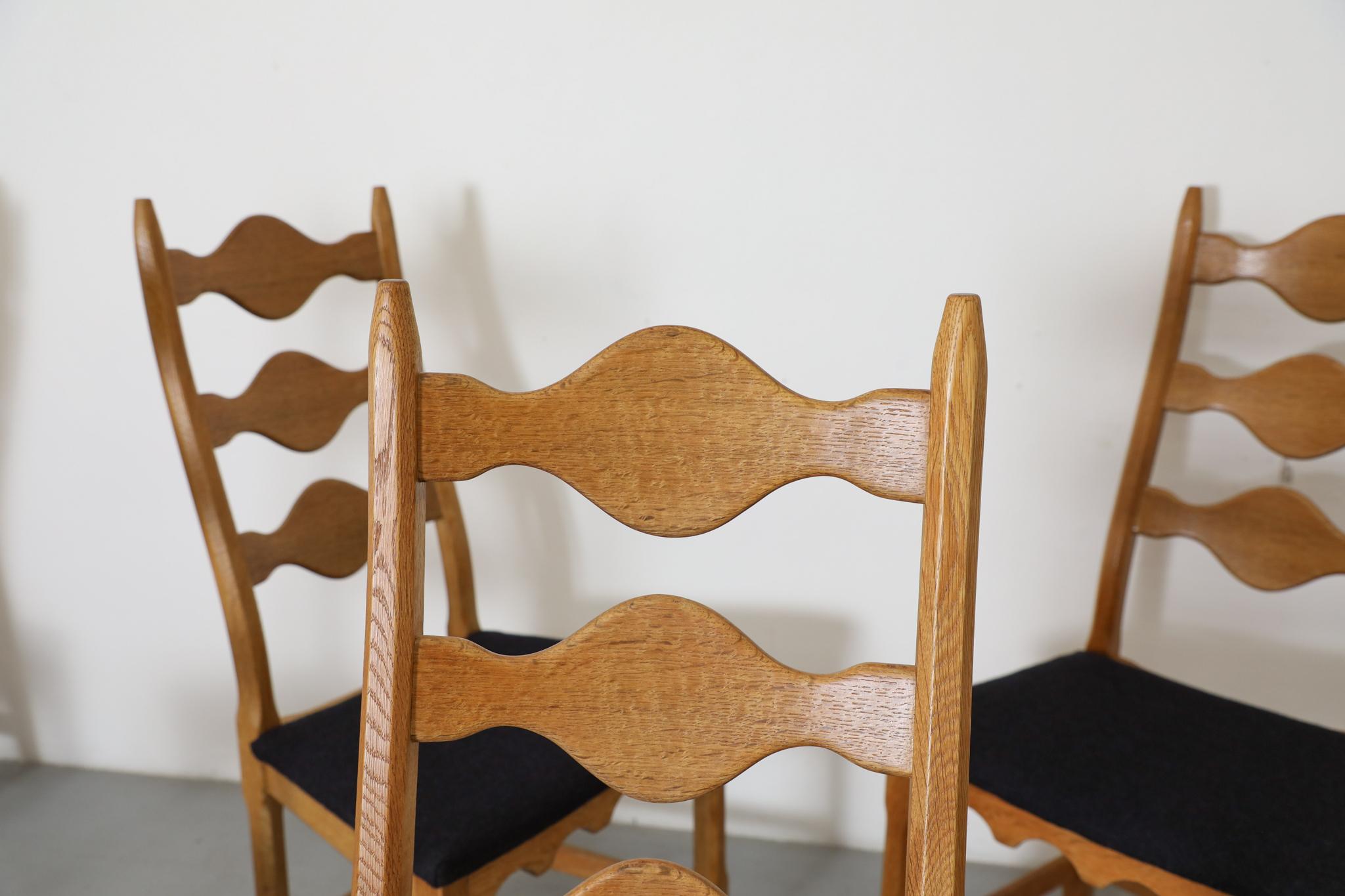 Set of 8 Brutalist Oak Decorative Back Dining Chairs by Henning Kjaernulf In Good Condition For Sale In Los Angeles, CA