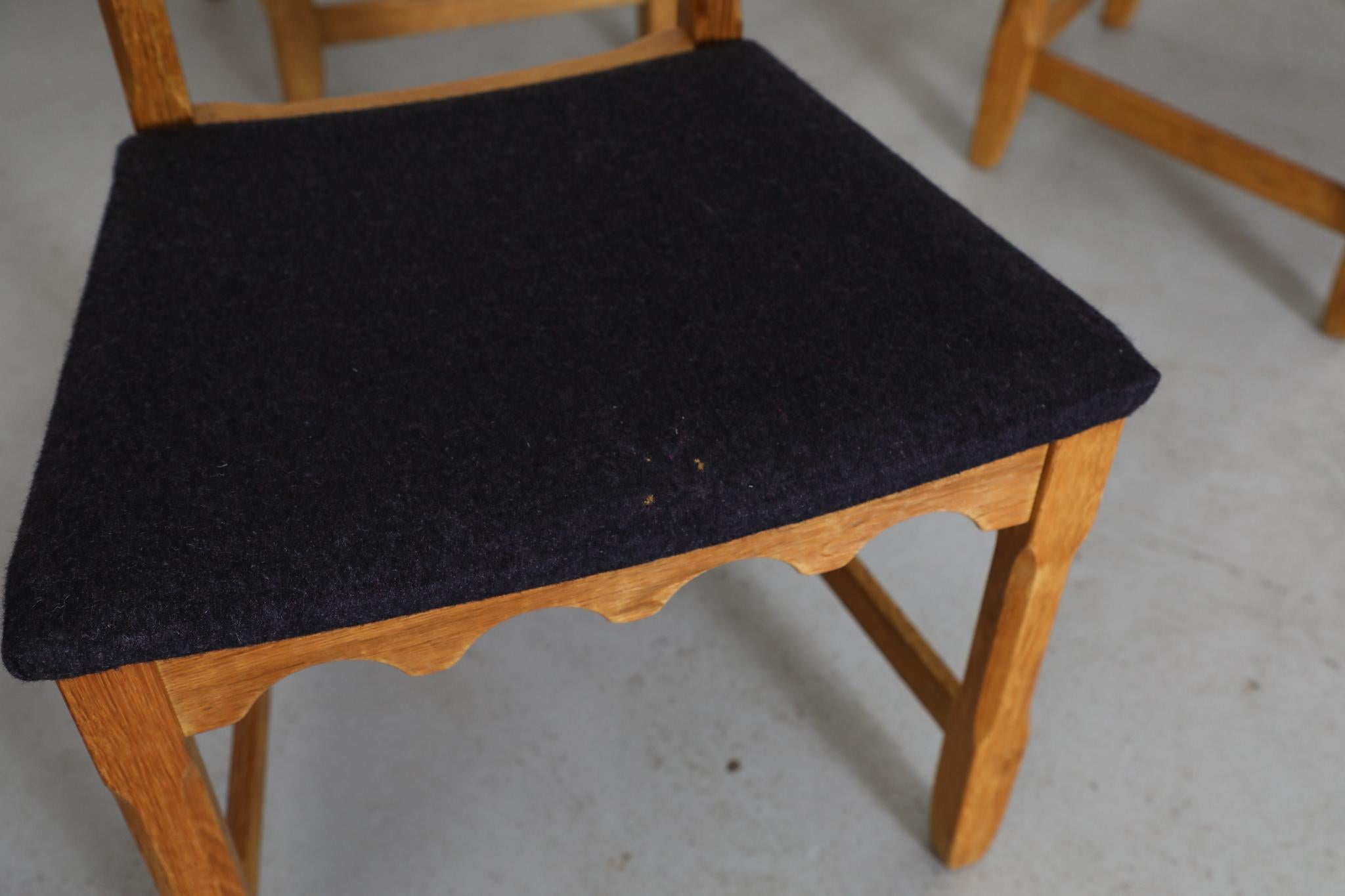 Fabric Set of 8 Brutalist Oak Decorative Back Dining Chairs by Henning Kjaernulf For Sale