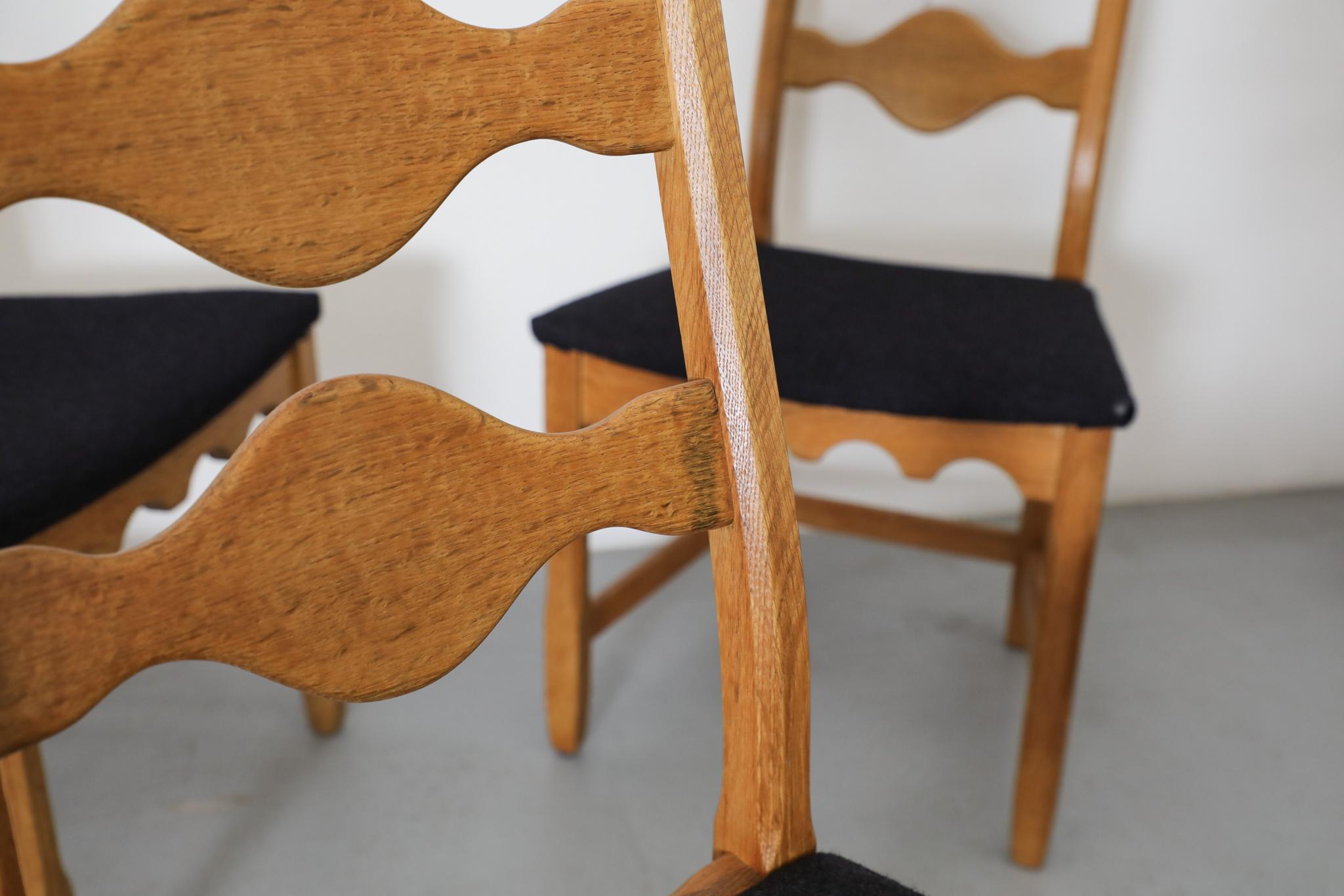 Set of 8 Brutalist Oak Decorative Back Dining Chairs by Henning Kjaernulf For Sale 1