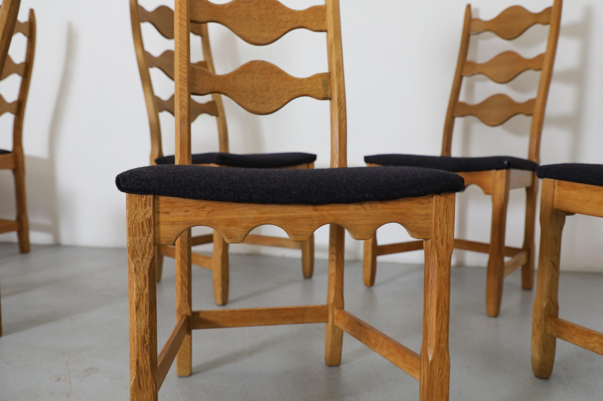 Set of 8 Brutalist Oak Decorative Back Dining Chairs by Henning Kjaernulf For Sale 2