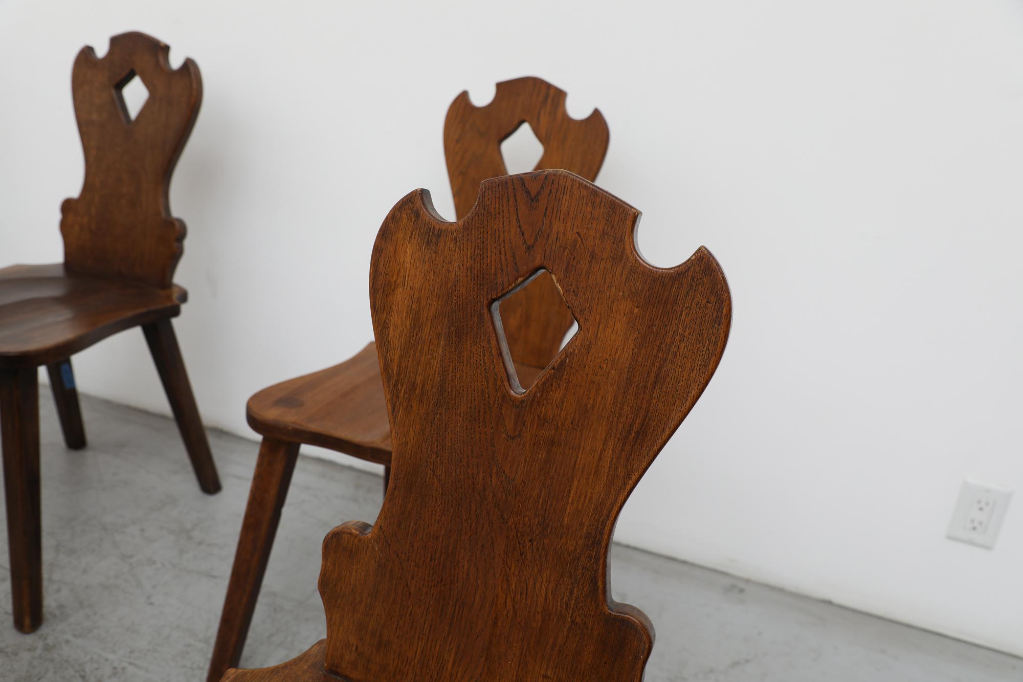 Dutch Set of 8 Tyrolean Style Mid-Century Brutalist Organic Carved Dark Oak Chairs For Sale