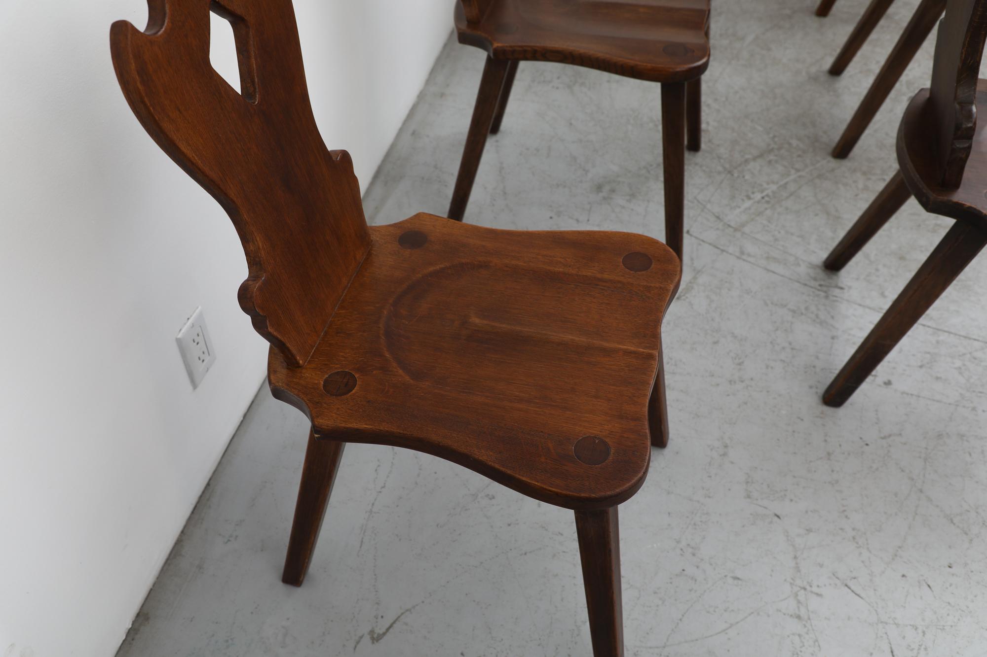 Oak Set of 8 Brutalist Organic Carved Wooden Chairs For Sale