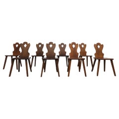 Set of 8 Tyrolean Style Mid-Century Brutalist Organic Carved Dark Oak Chairs