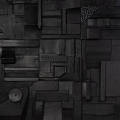 Set of 8 Brutalist Satin Black Reclaimed Wood Collage Tiles by Peter Glassford