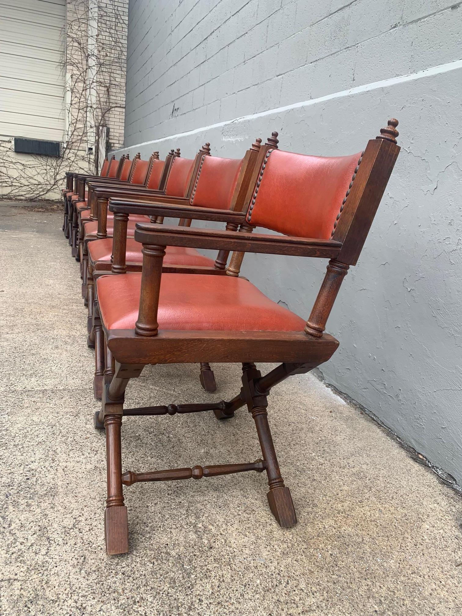 Carved Set of 8 Campaign Style Dining Room Armchairs