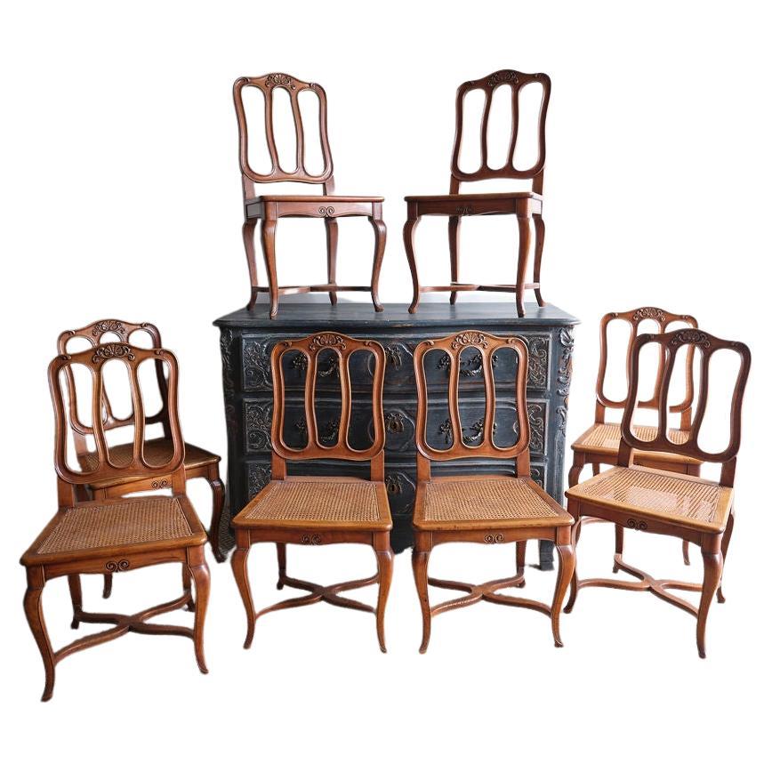 Juego de 8 sillas de comedor con asiento de caña, hacia 1910