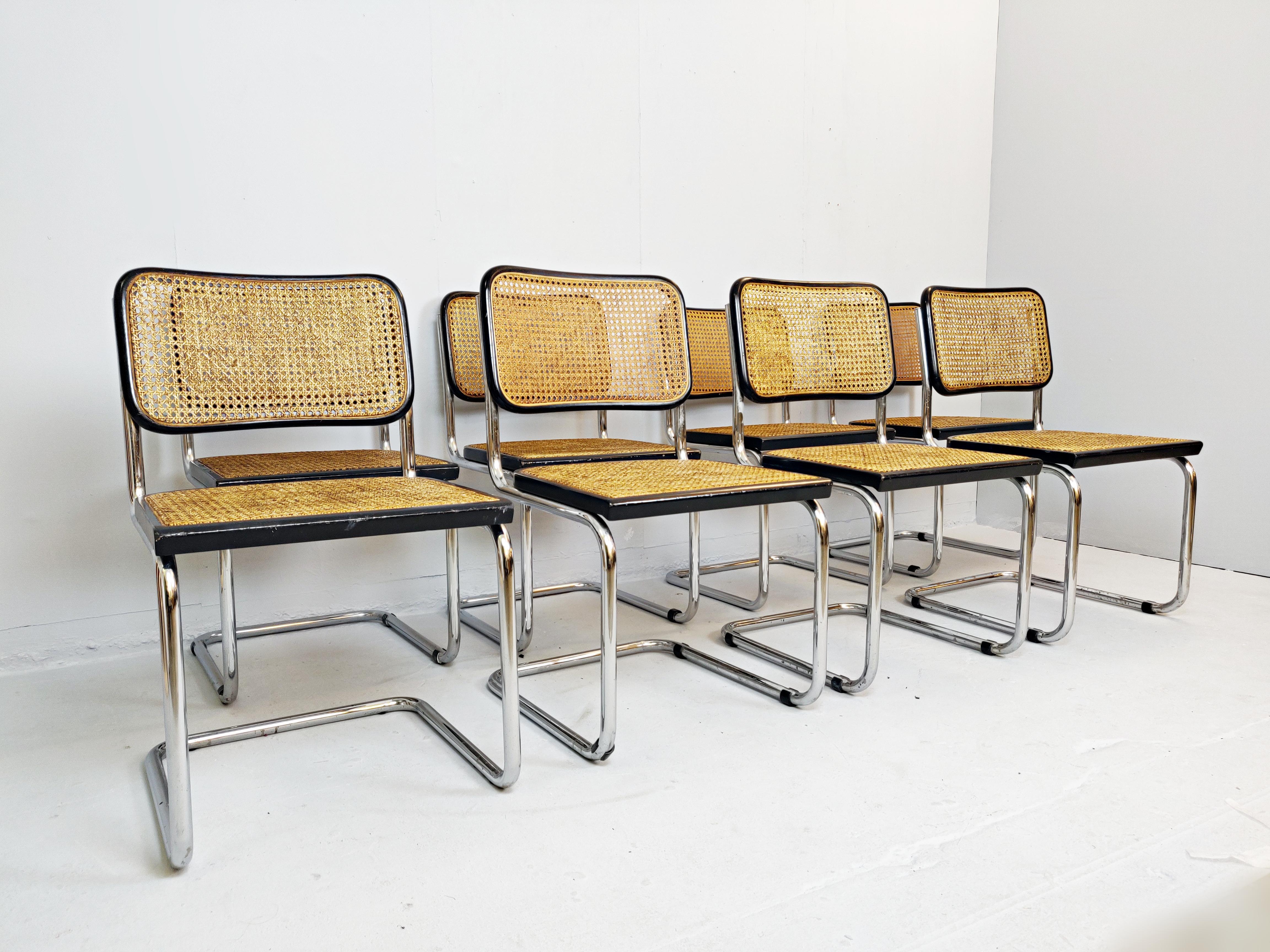 Set of 8 cane webbing chairs after Marcel Breuer, Italy.