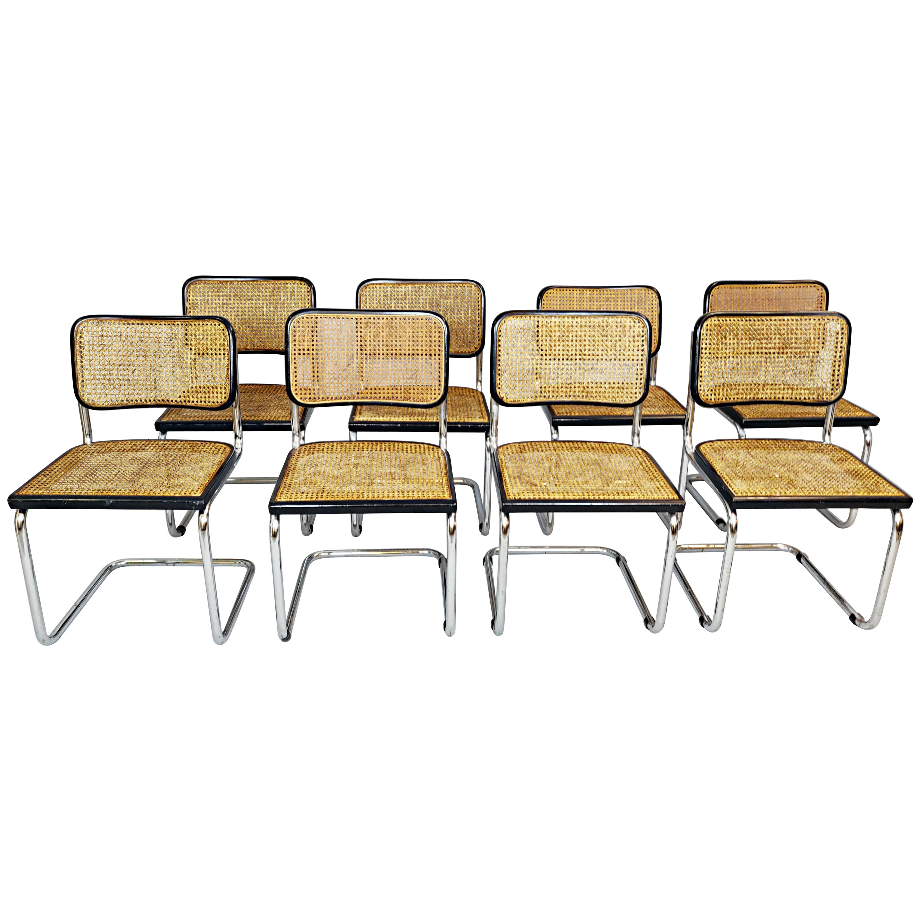Set of 8 Cane Webbing Chairs after Marcel Breuer, Italy