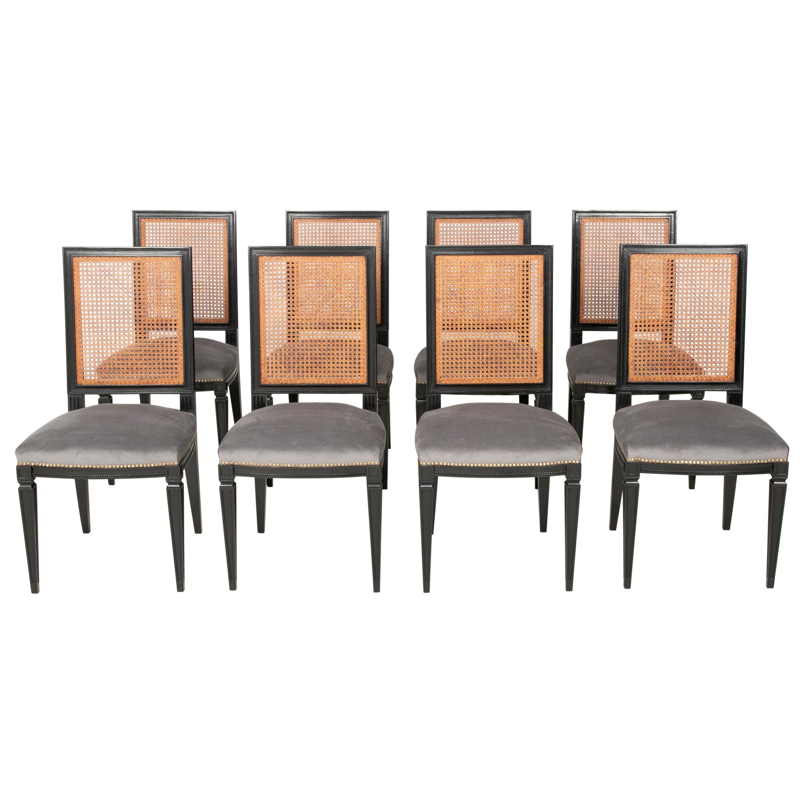 Set of 8 Caned Back Ebonized Dining Chairs