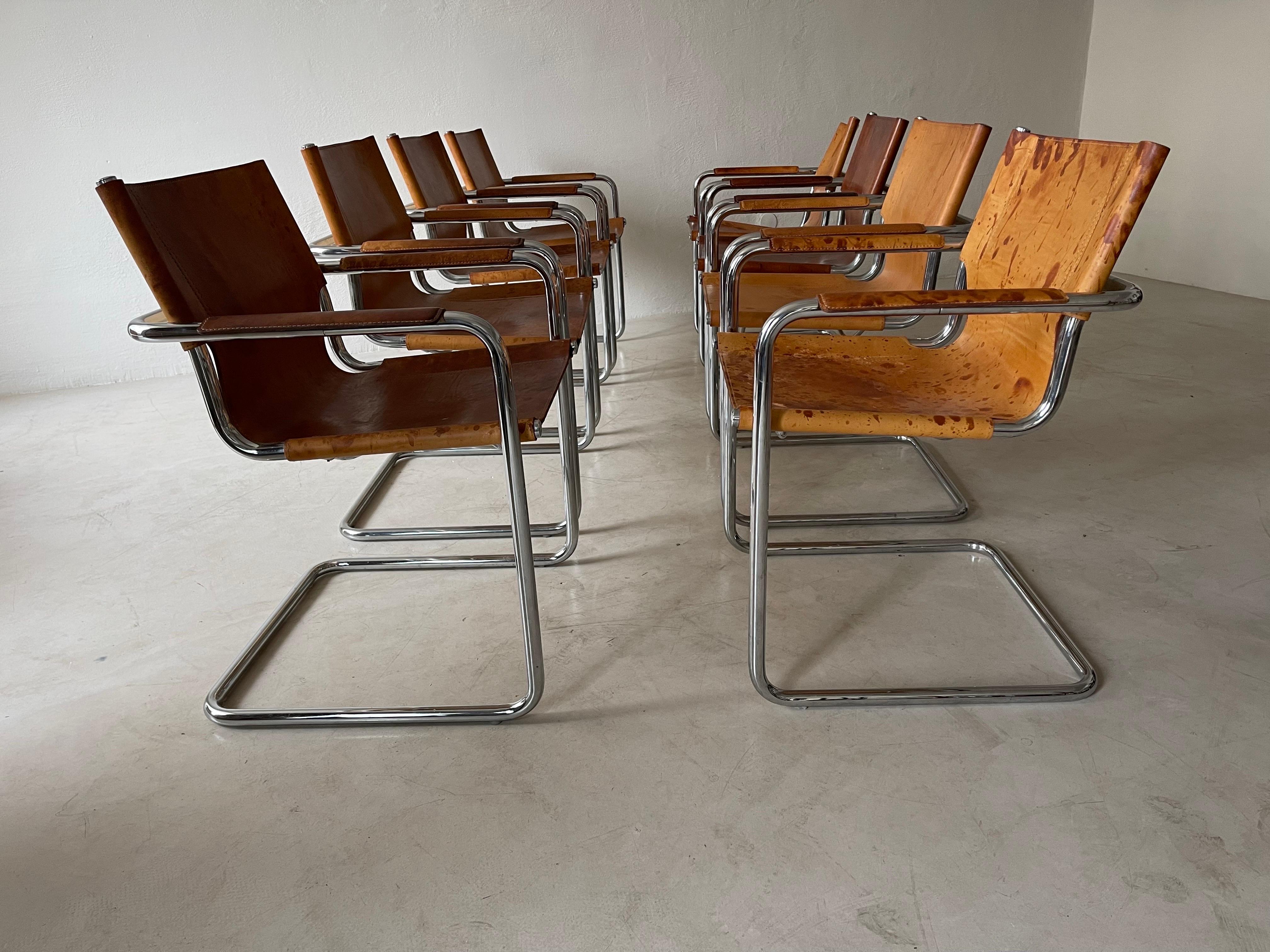 Italian Matteo Grassi, 8 Cantilever Armchairs in Patinated Cognac Leather, Italy 1970s