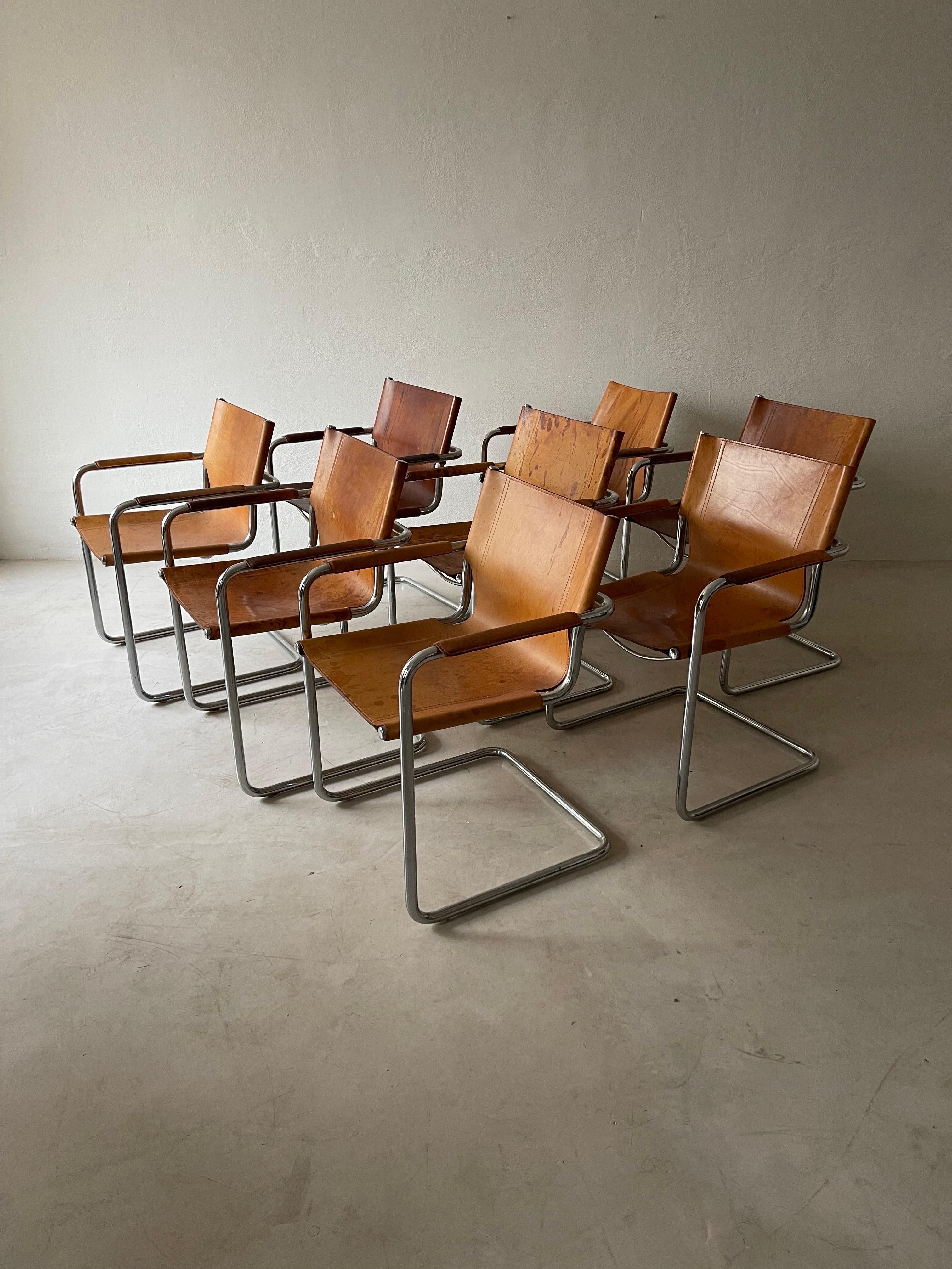 Matteo Grassi, 8 Cantilever Armchairs in Patinated Cognac Leather, Italy 1970s In Good Condition In Vienna, AT