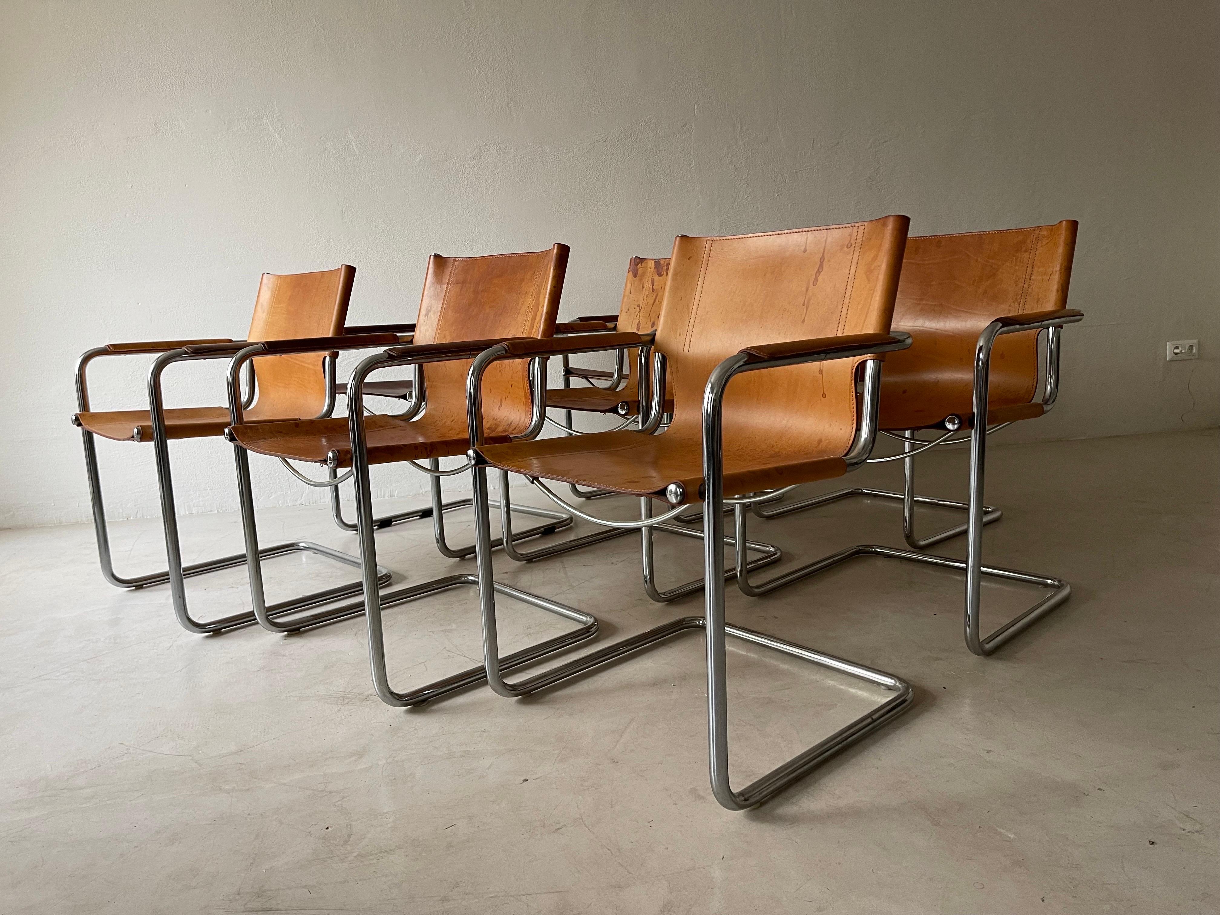 Late 20th Century Matteo Grassi, 8 Cantilever Armchairs in Patinated Cognac Leather, Italy 1970s