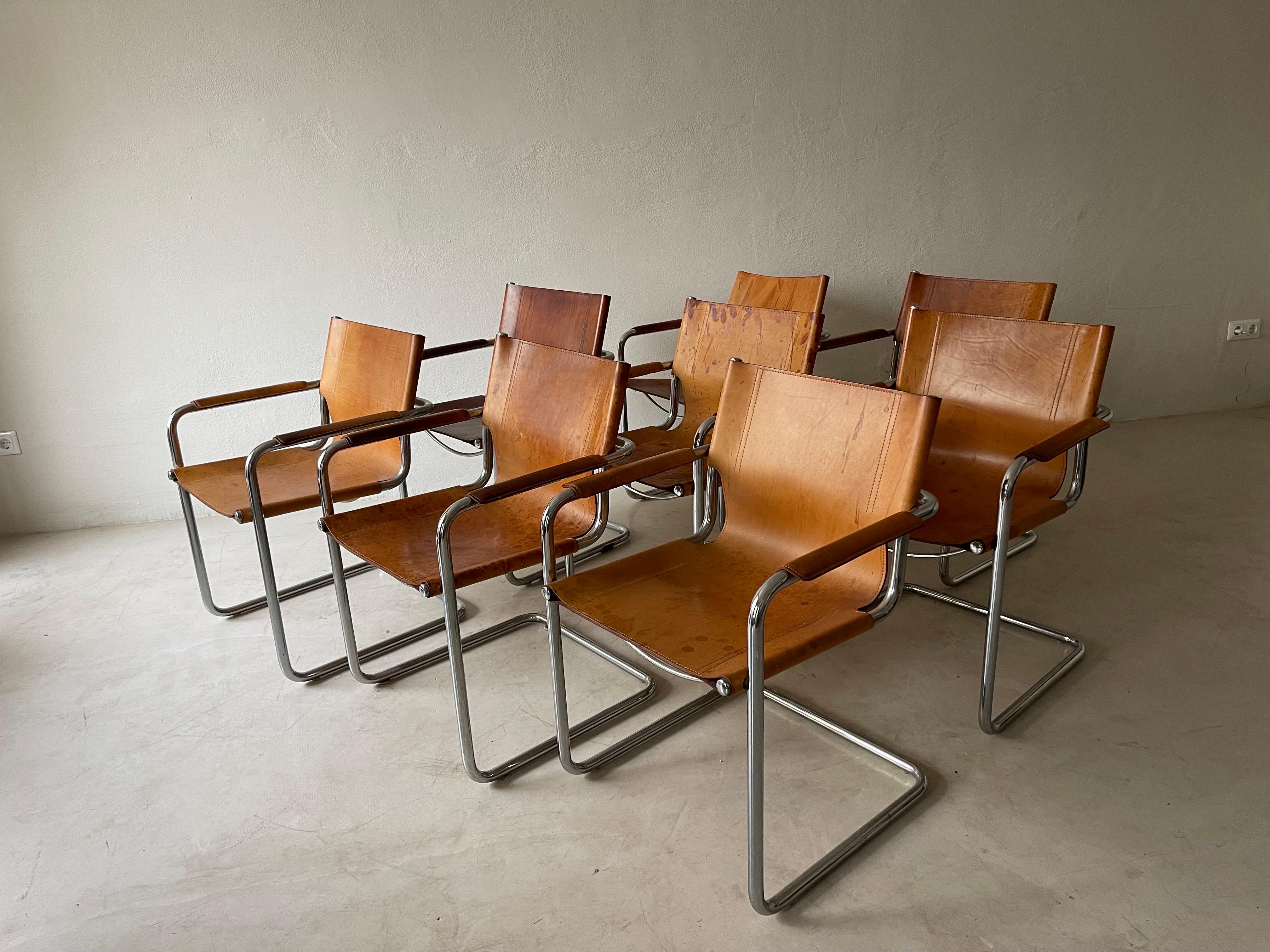 Metal Matteo Grassi, 8 Cantilever Armchairs in Patinated Cognac Leather, Italy 1970s