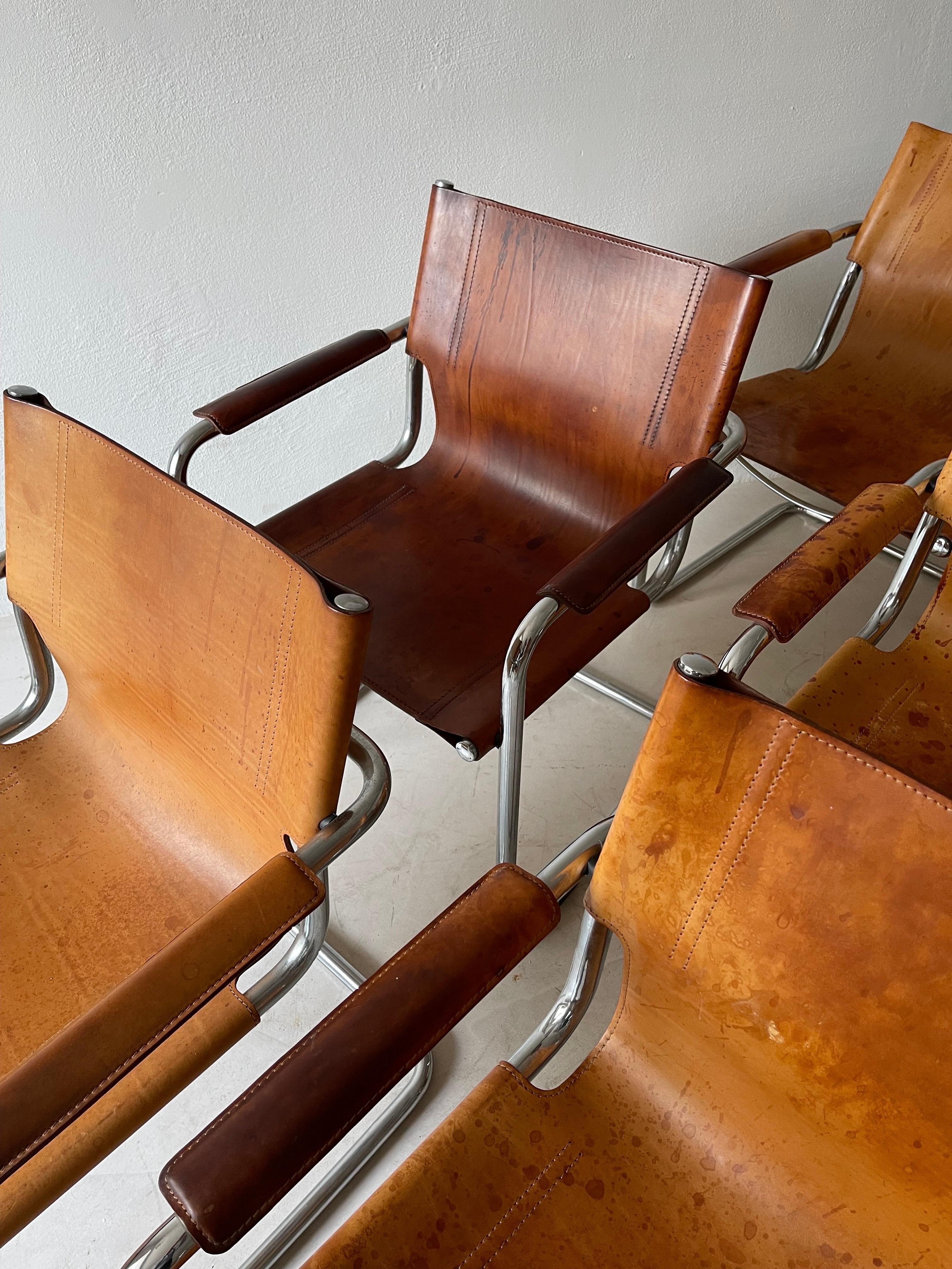 Matteo Grassi, 8 Cantilever Armchairs in Patinated Cognac Leather, Italy 1970s 1