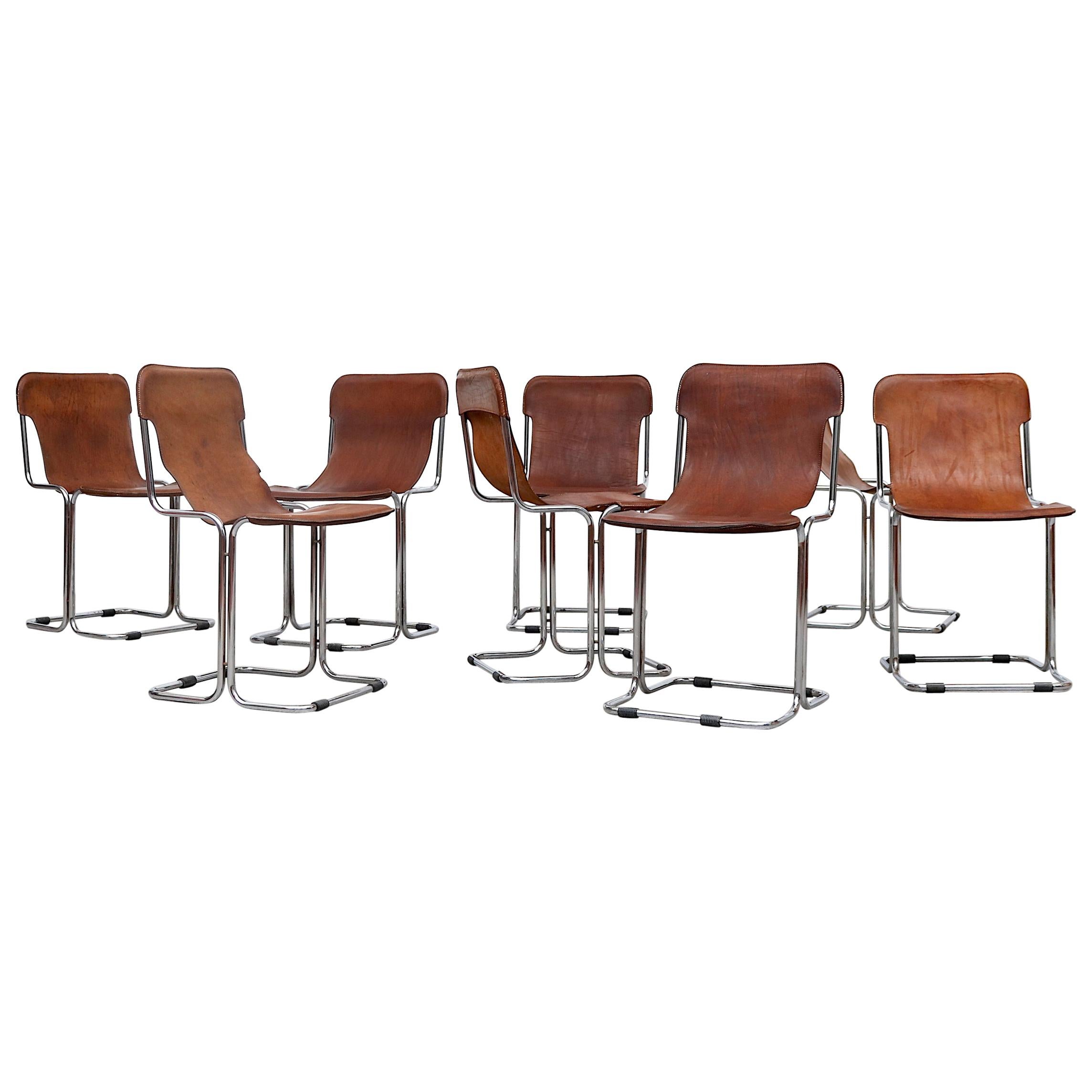 Set of 8 Cantilevered Cidue Style Leather Dining Chair