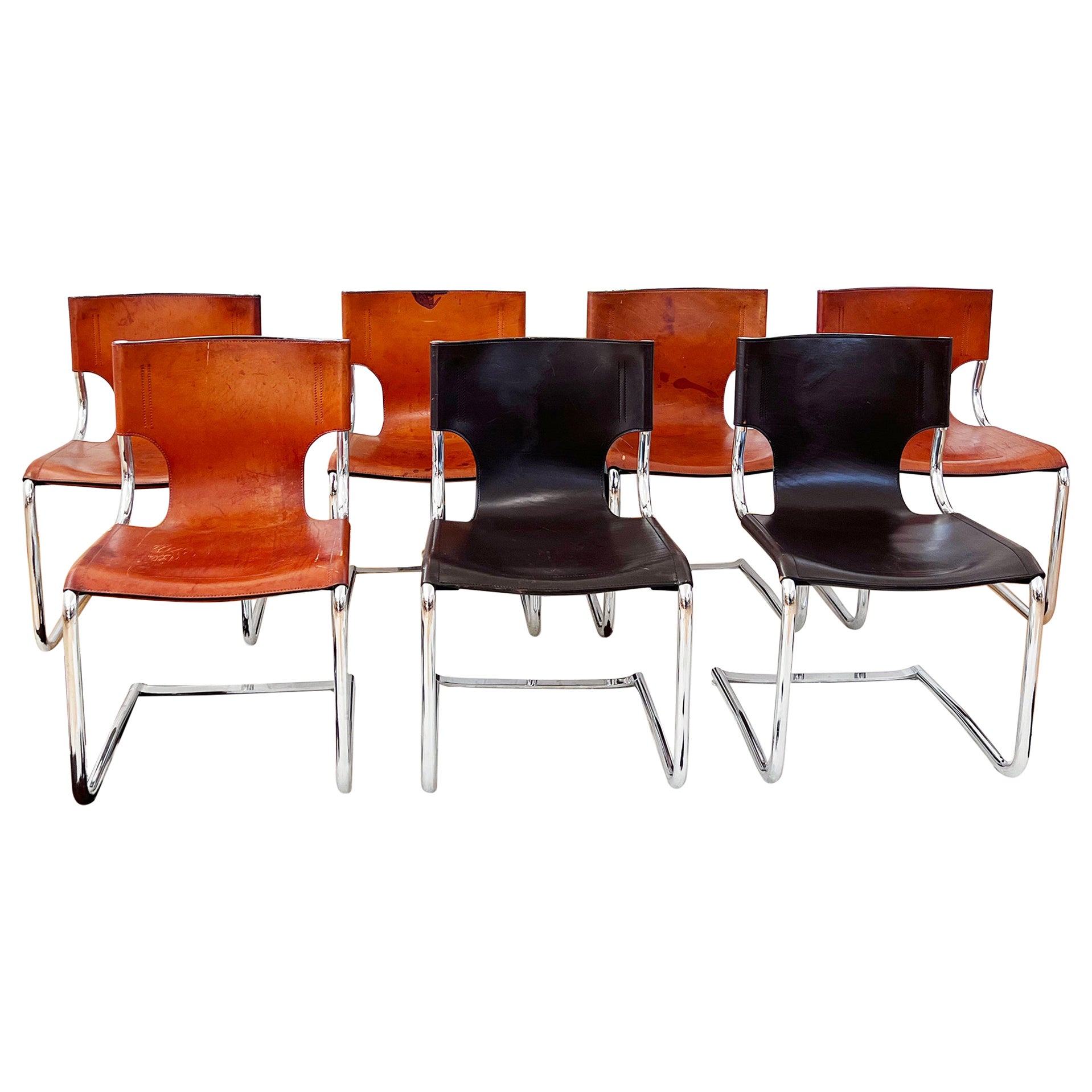 SET of 8 Carlo Bartoli T 70 920 Cantilever Chairs Black + Brown Leather - 8 pcs