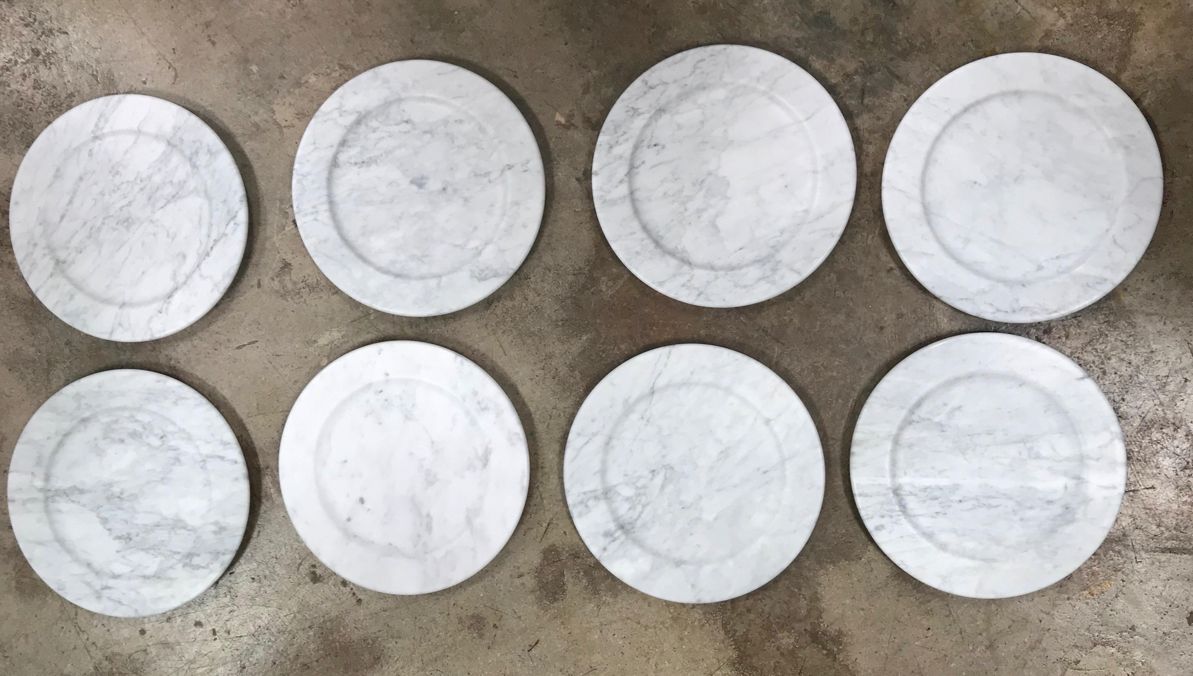 Set of 8 Carrara marble dinner plates or plate, Italy
Every single item is unique and different from the other.
Italian prestigious Carrara marble.