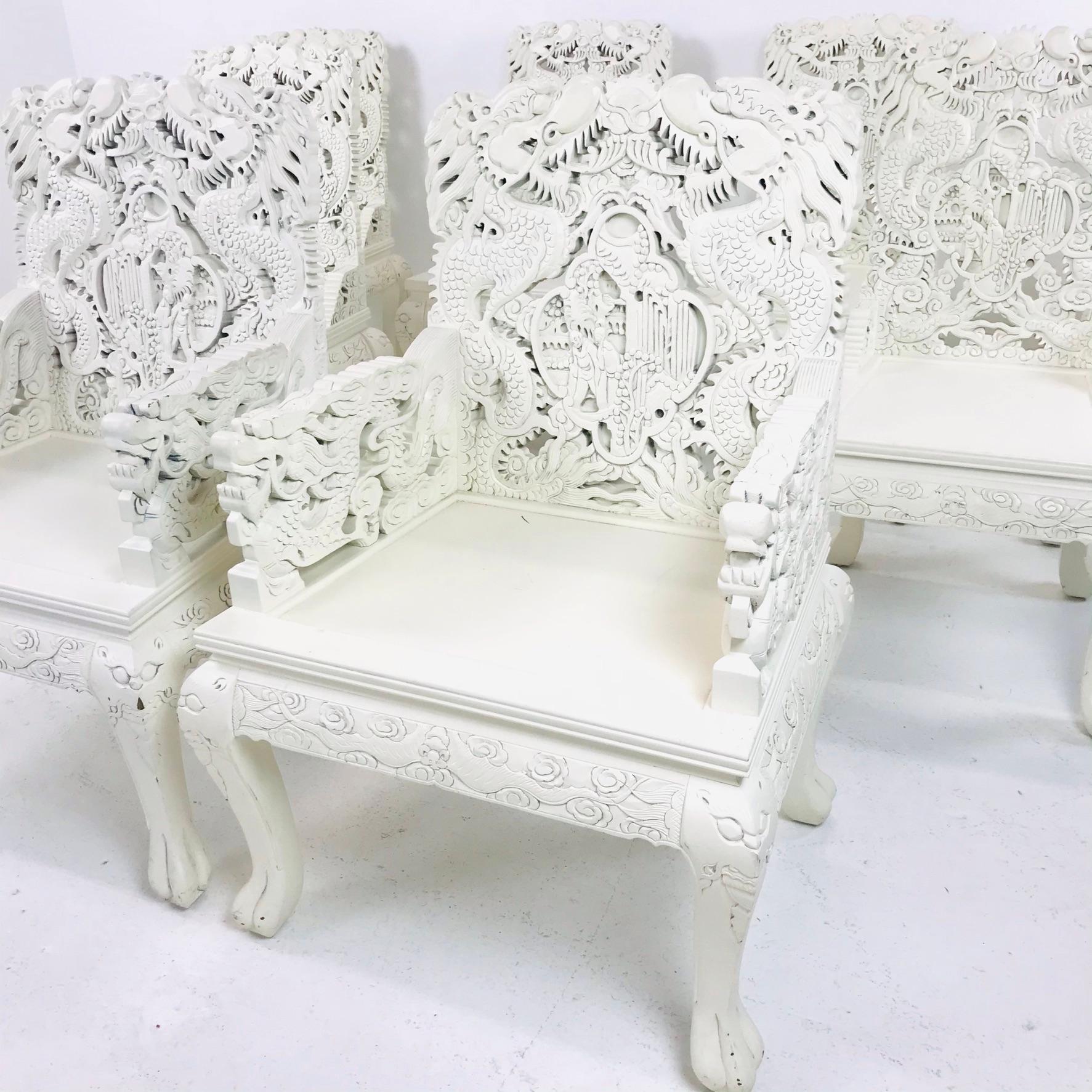 Set of 8 Carved Asian Dining Chairs In Good Condition In Dallas, TX