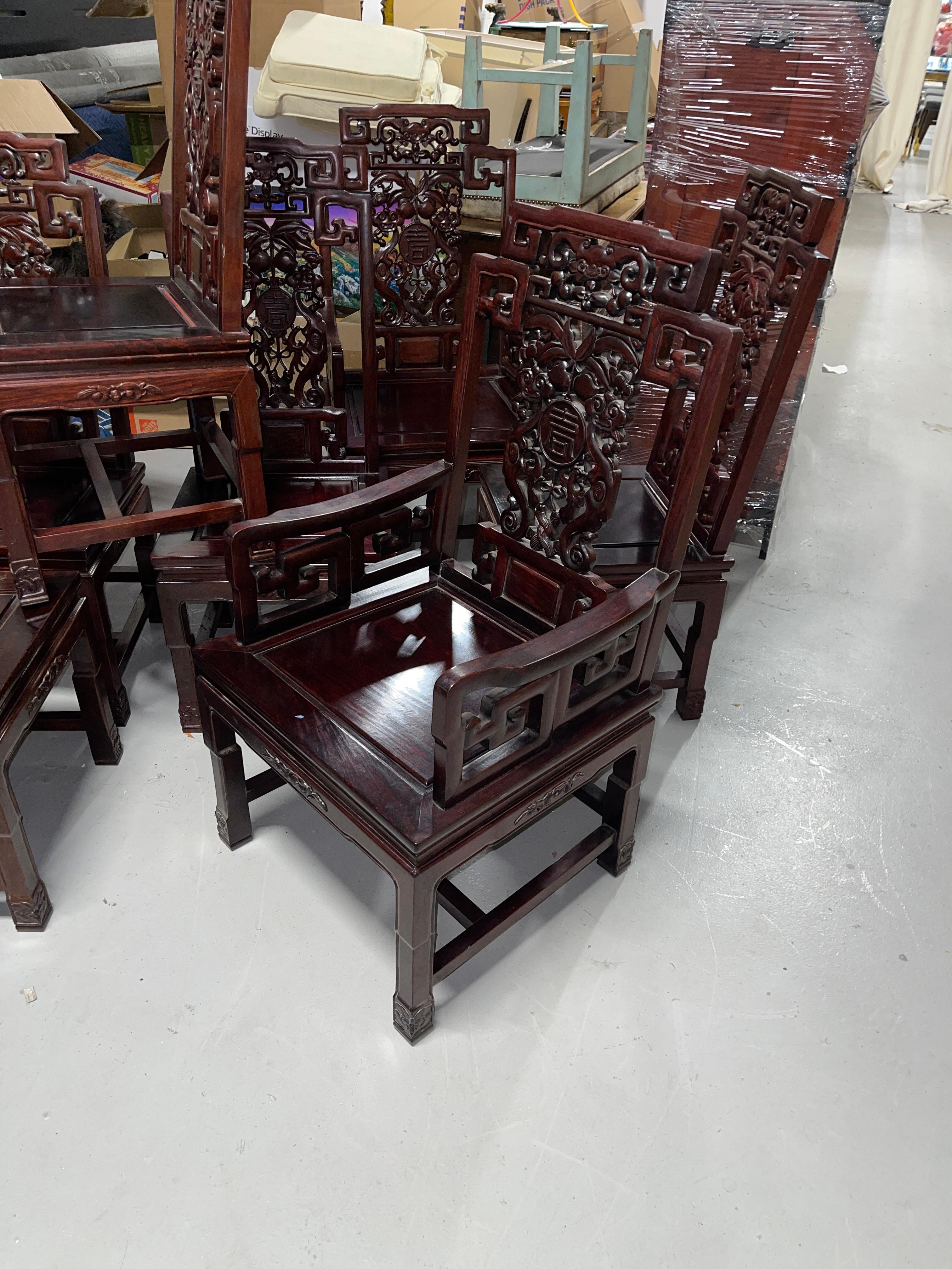 Set of 8 Carved Chinese Hardwood Chairs In Good Condition In Palm Springs, CA