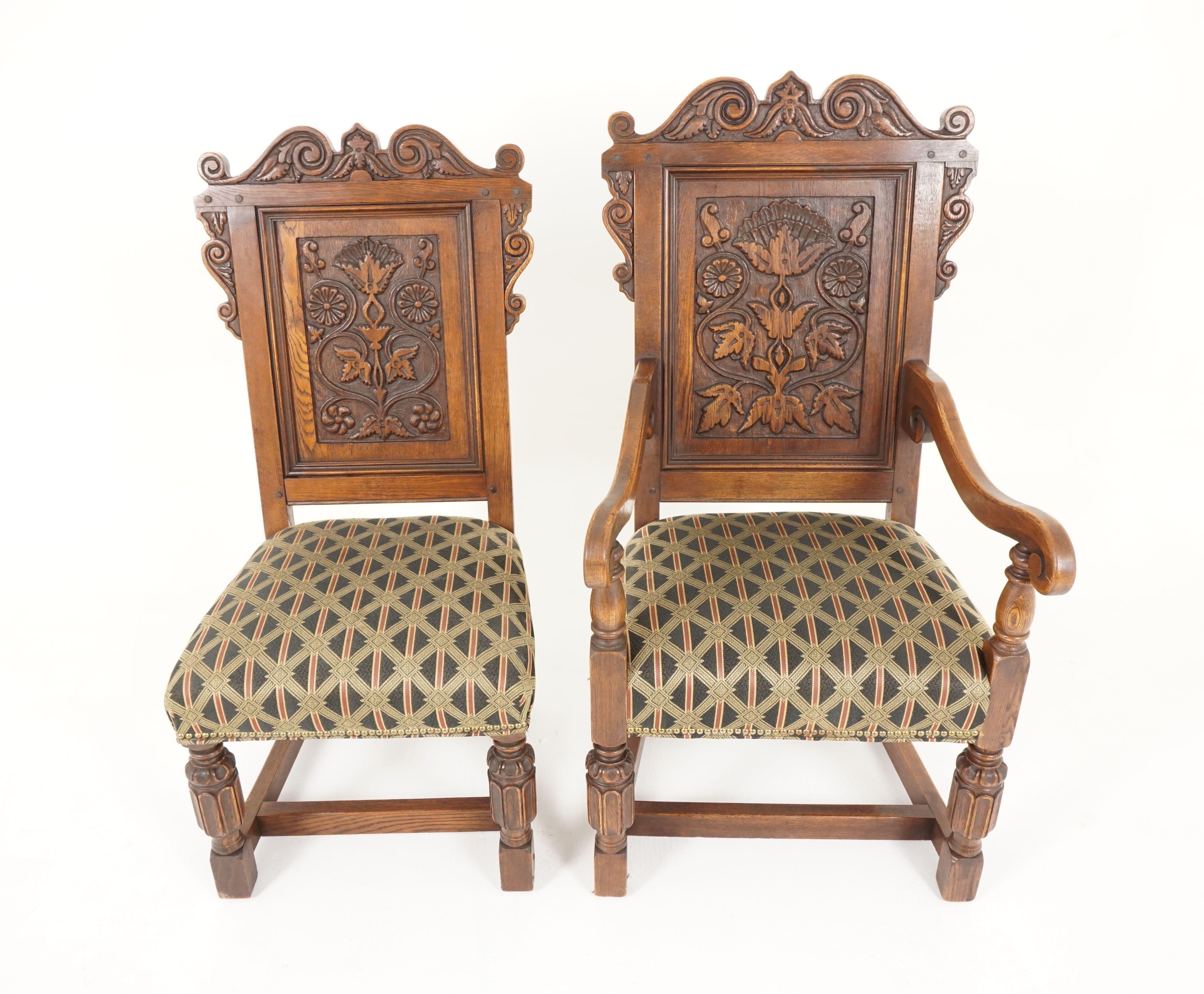 Scottish Set of 8 Carved Oak Tudor Style Dining Chairs, Scotland 1930, B2177