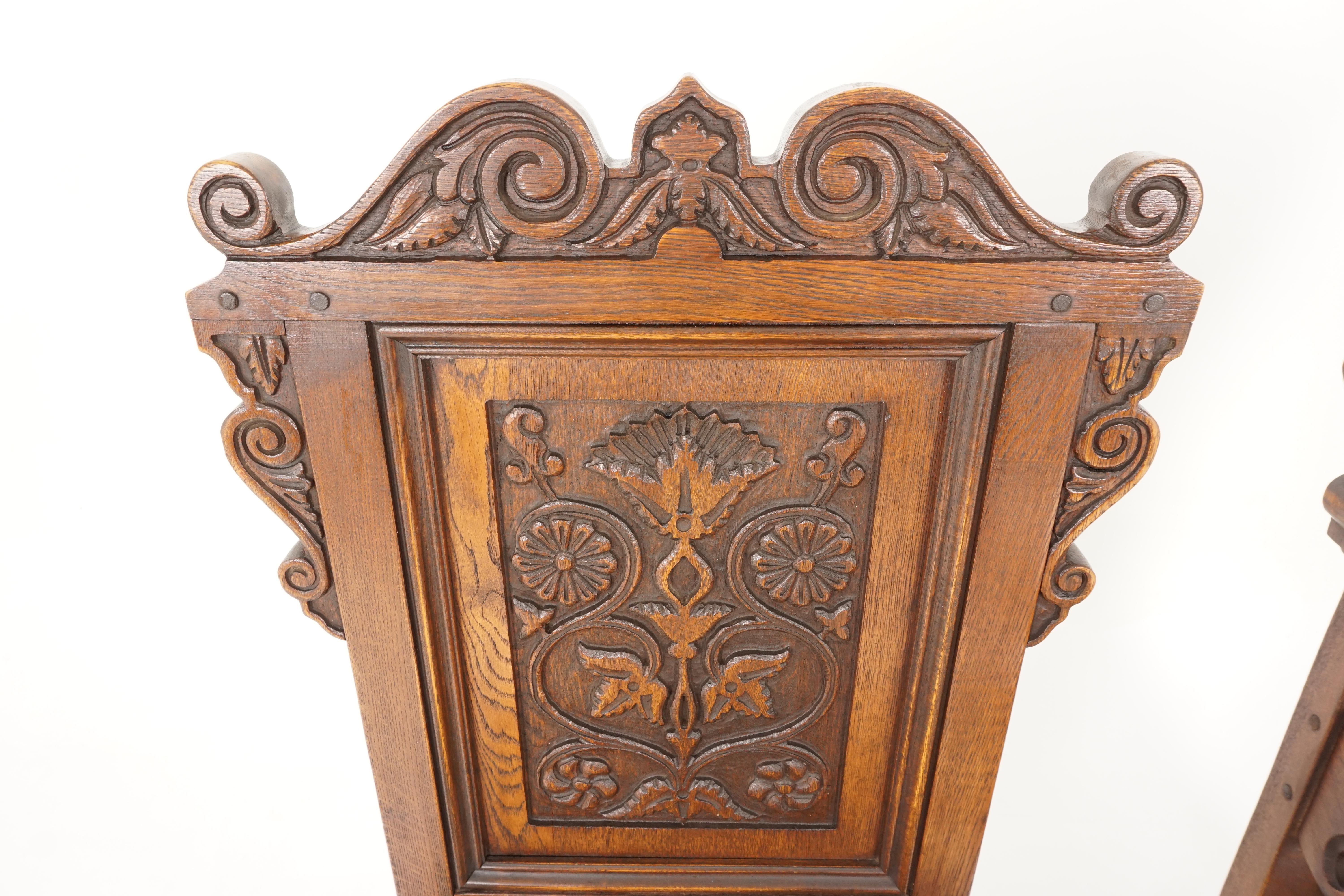 Hand-Crafted Set of 8 Carved Oak Tudor Style Dining Chairs, Scotland 1930, B2177