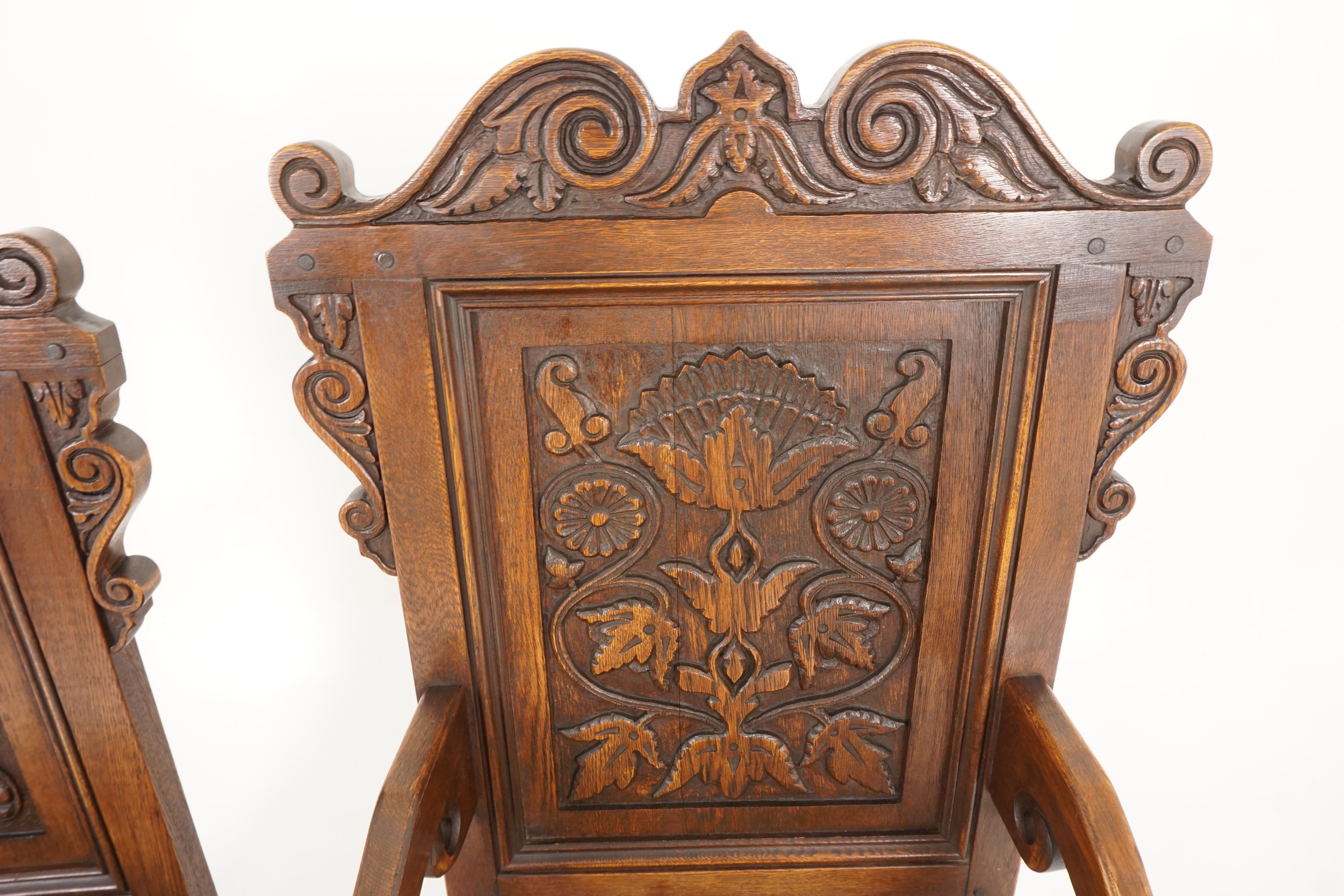 Set of 8 Carved Oak Tudor Style Dining Chairs, Scotland 1930, B2177 In Good Condition In Vancouver, BC