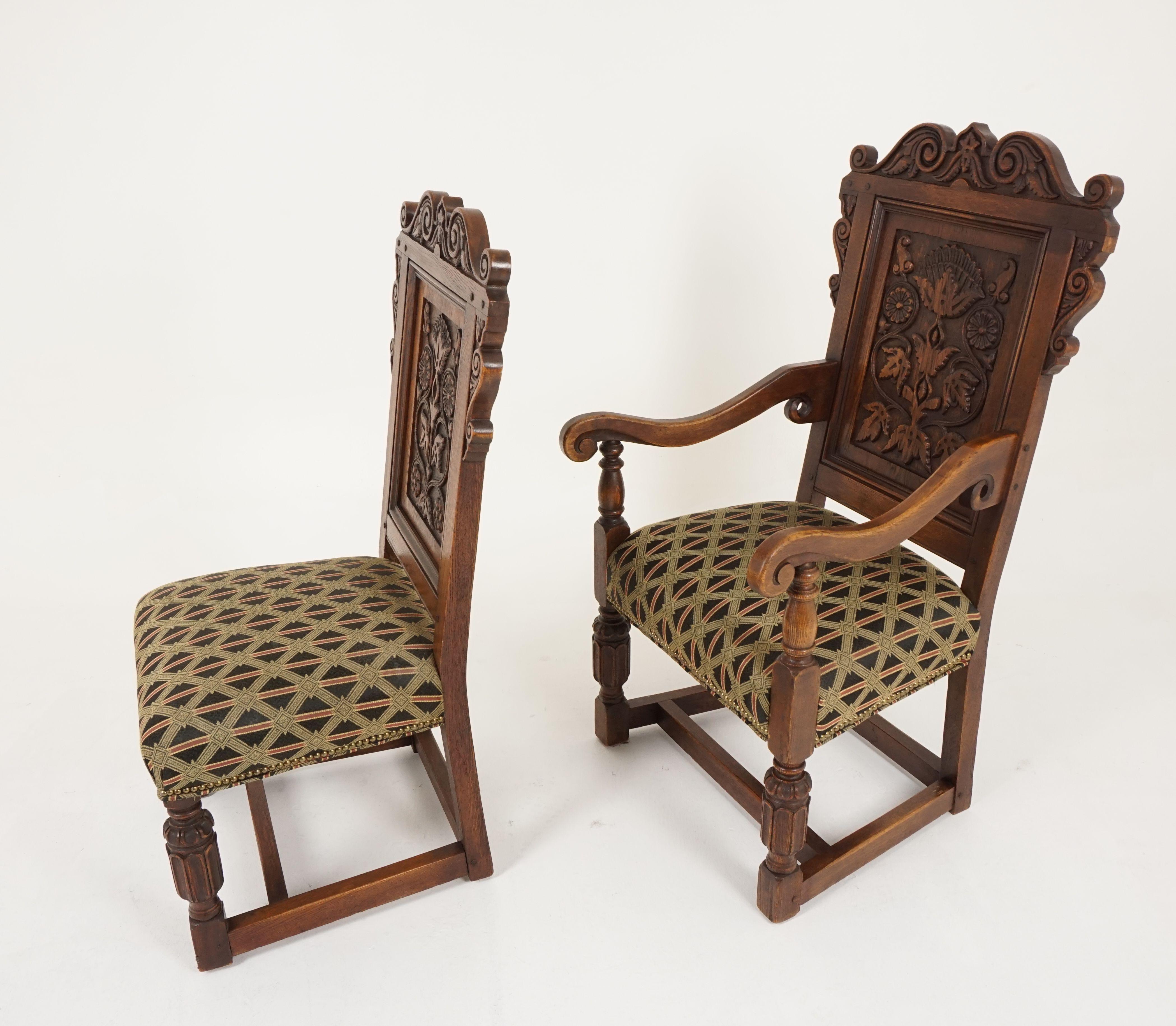 Set of 8 Carved Oak Tudor Style Dining Chairs, Scotland 1930, B2177 1