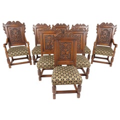 Set of 8 Carved Oak Tudor Style Dining Chairs, Scotland 1930, B2177
