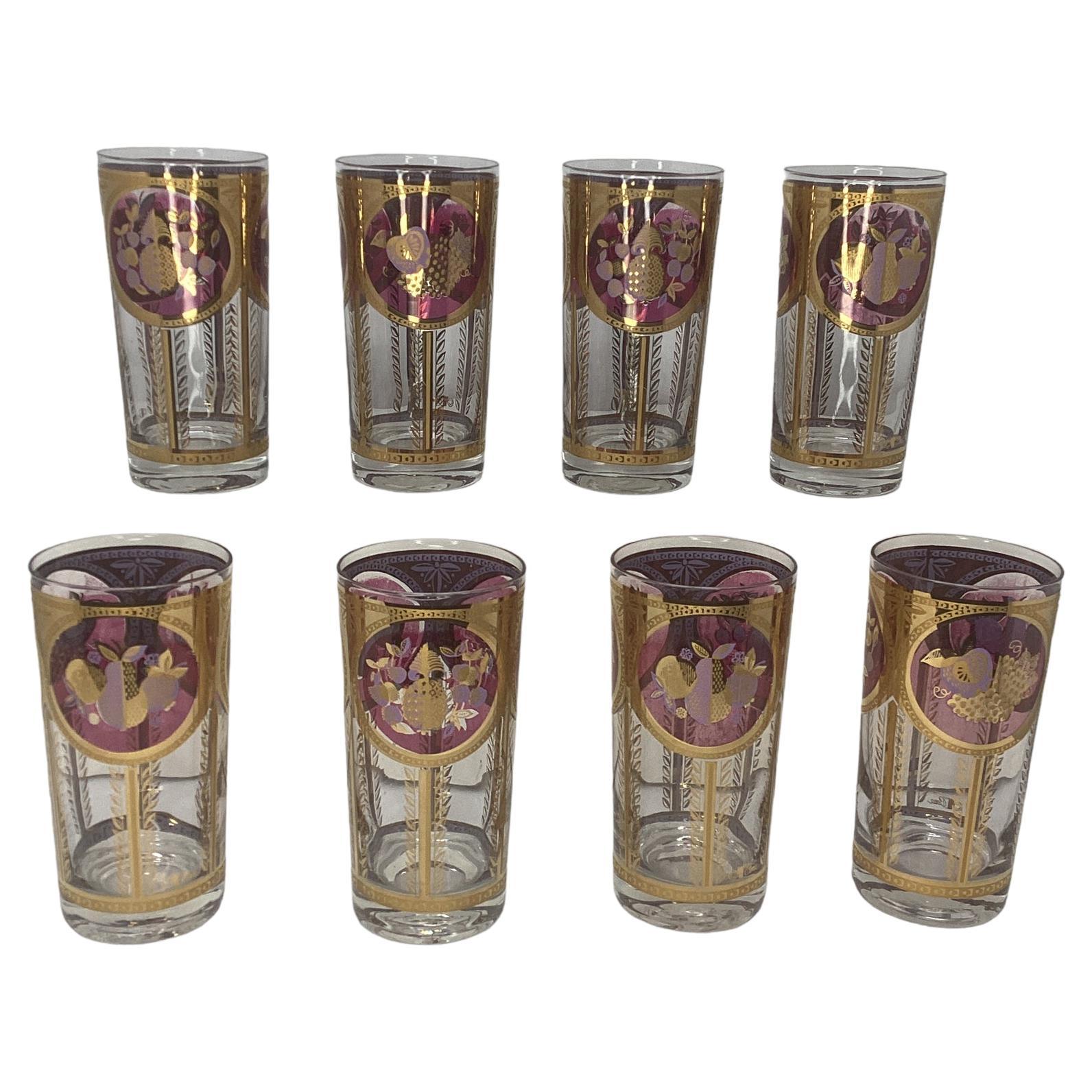 Set of 8 Cera Highball Glasses. Each glass decorated with various fruits including apples, pineapple, grapes and strawberries. Fruits are framed in a circular panel trimmed in 22K gold decoration.
All are in excellent vintage condition.