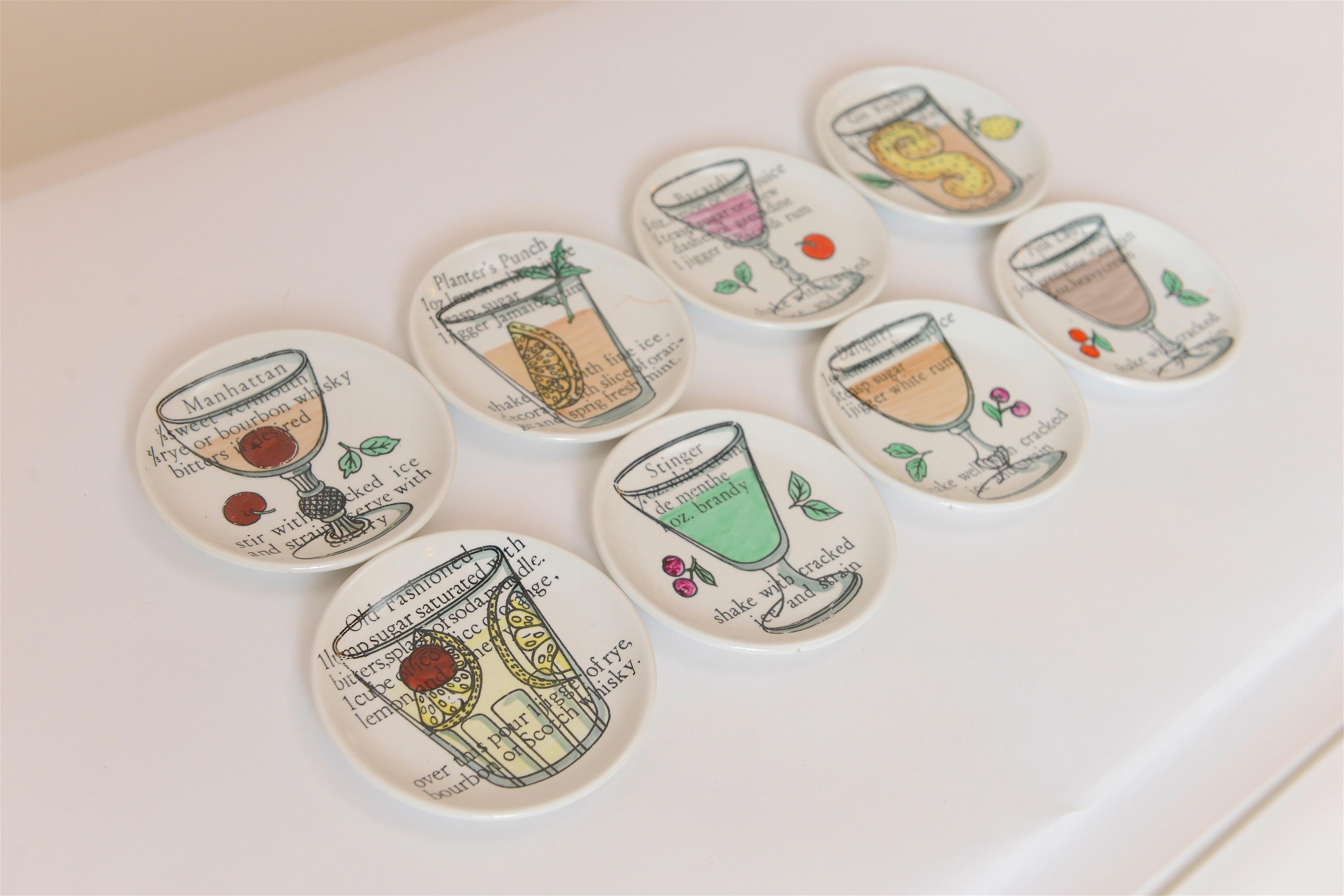 A complete set of eight ‘Cocktail’ drinks coasters by Piero Fornasetti. Produced in the 1970s, this fun set of hand-colored ceramics depict a different cocktail recipe on each. In perfect condition and signed on the reverse, ‘Fornasetti, Milano,
