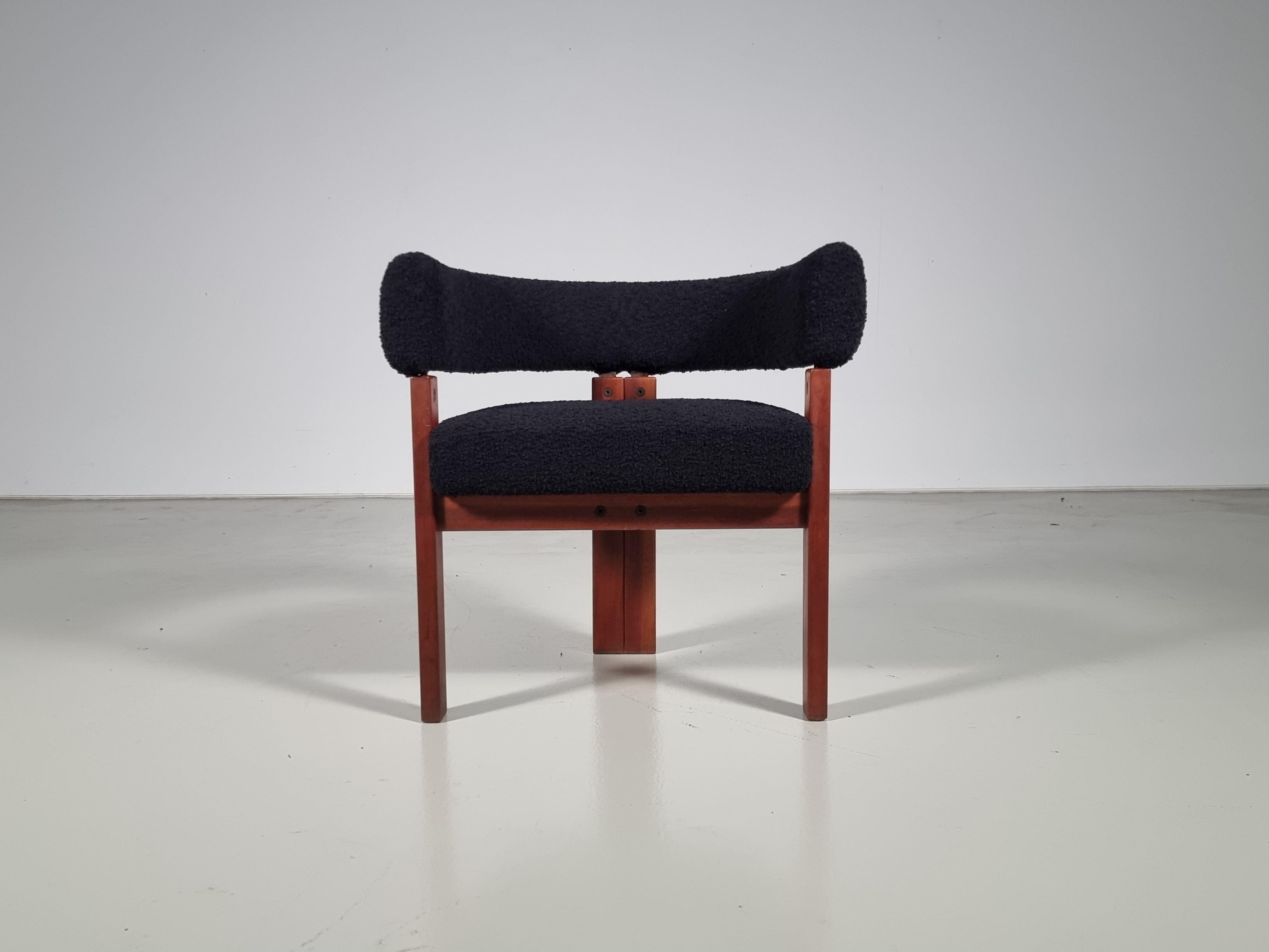 European Set of 8 Chairs in teak and black boucle by Ettore Sottsass for Poltronova, 1960