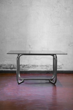 Juego de 8 sillas de Giotto Stoppino para Tecnosalotto + mesa De metal y cristal