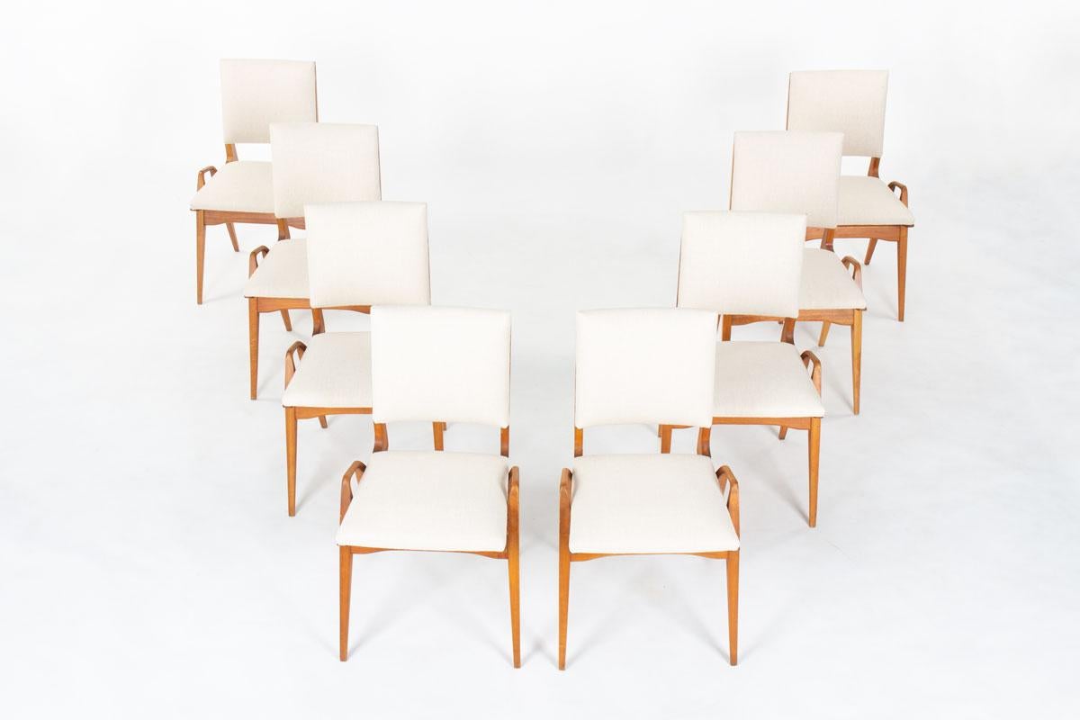 Set of 8 chairs by French designer Maurice Pré in the fifties
Structure in stained beech, seat and back in foam covered by beige fabric
Minimalist design, chic lines