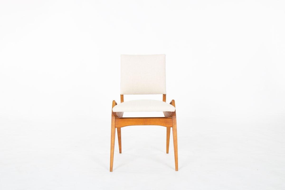 French Set of 8 chairs by Maurice Pre in tinted beech and beige fabric 1950