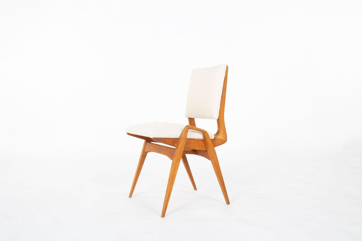 Set of 8 chairs by Maurice Pre in tinted beech and beige fabric 1950 In Good Condition In JASSANS-RIOTTIER, FR