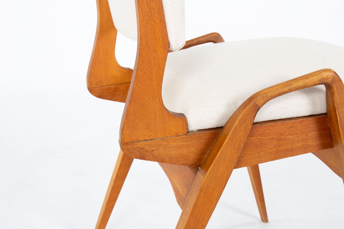 Set of 8 chairs by Maurice Pre in tinted beech and beige fabric 1950 2