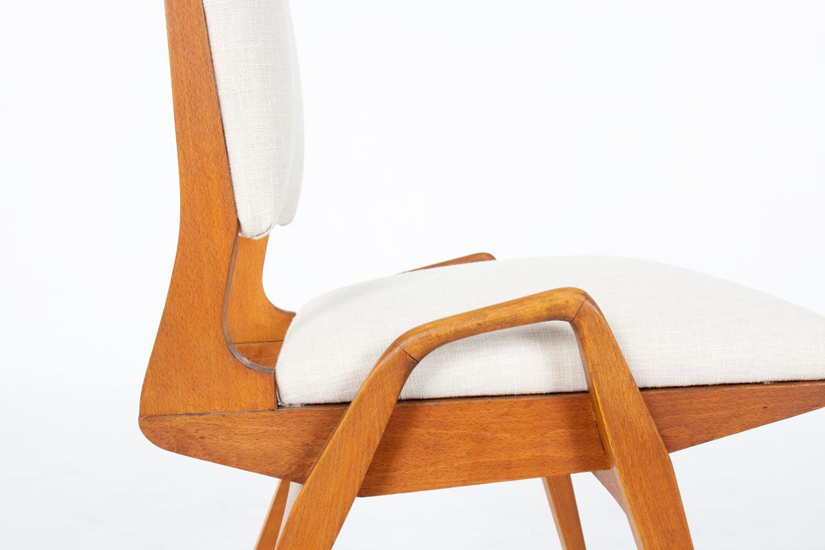 Set of 8 chairs by Maurice Pre in tinted beech and beige fabric 1950 3
