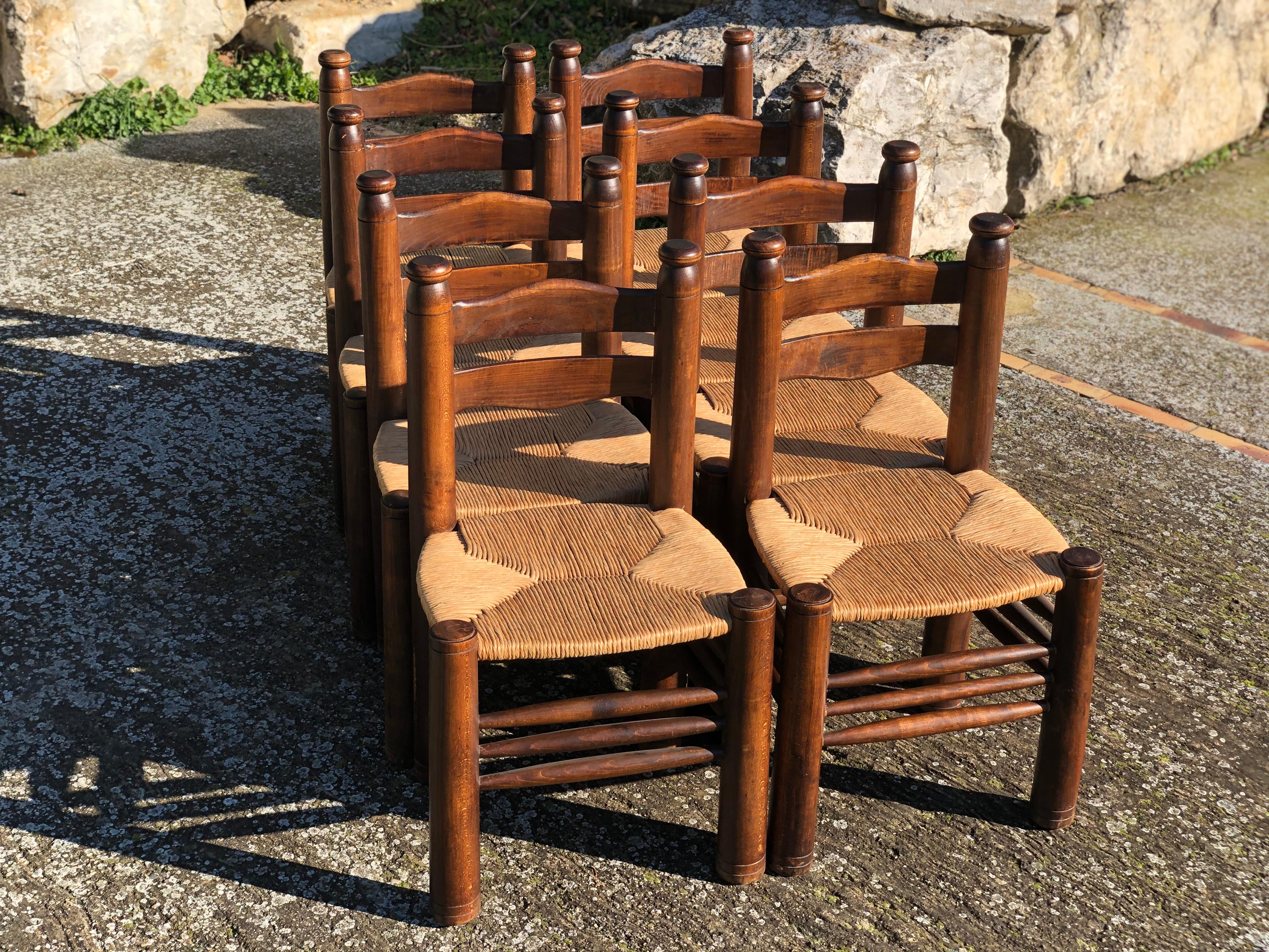 Mid-Century Modern Set of 8 Chairs Charles Dudouyt Oak, 1940 For Sale